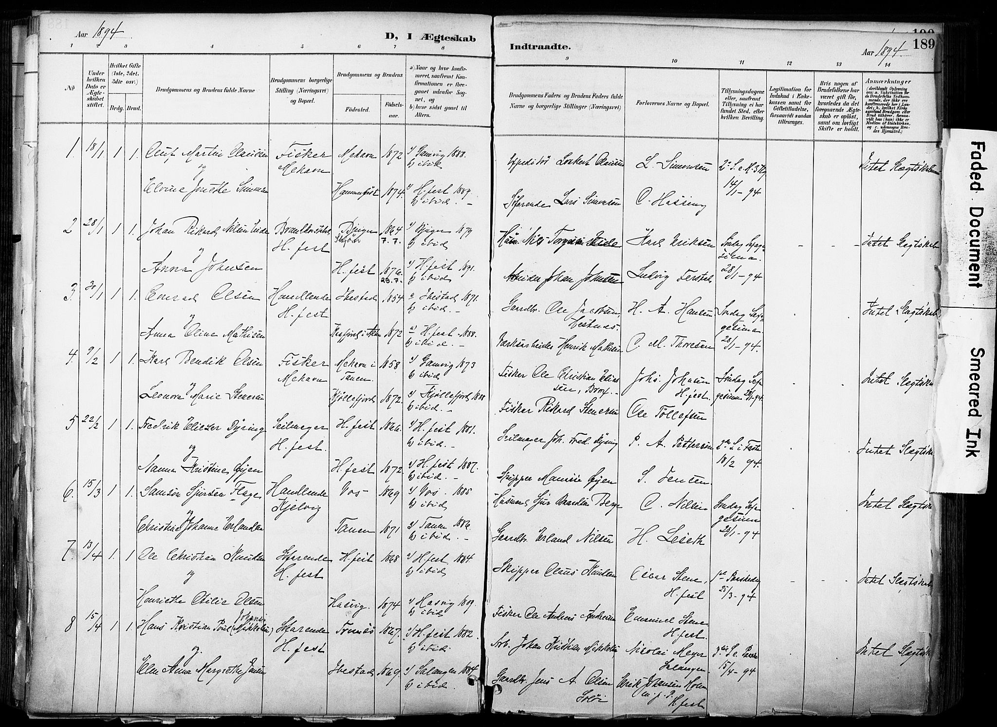 Hammerfest sokneprestkontor, AV/SATØ-S-1347/H/Ha/L0009.kirke: Parish register (official) no. 9, 1889-1897, p. 189