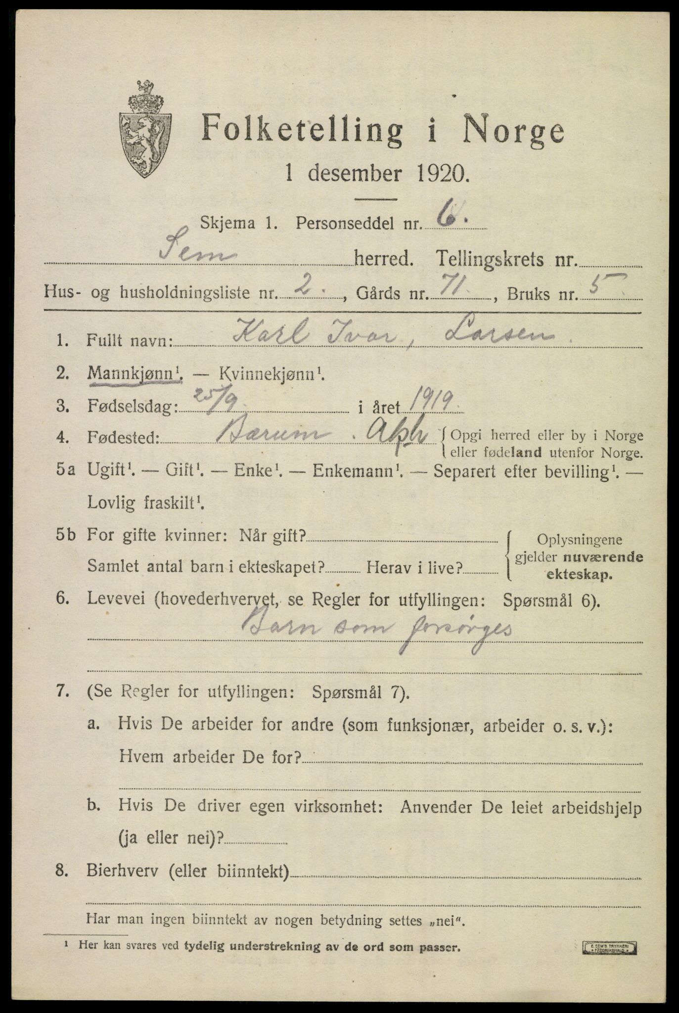 SAKO, 1920 census for Sem, 1920, p. 7097