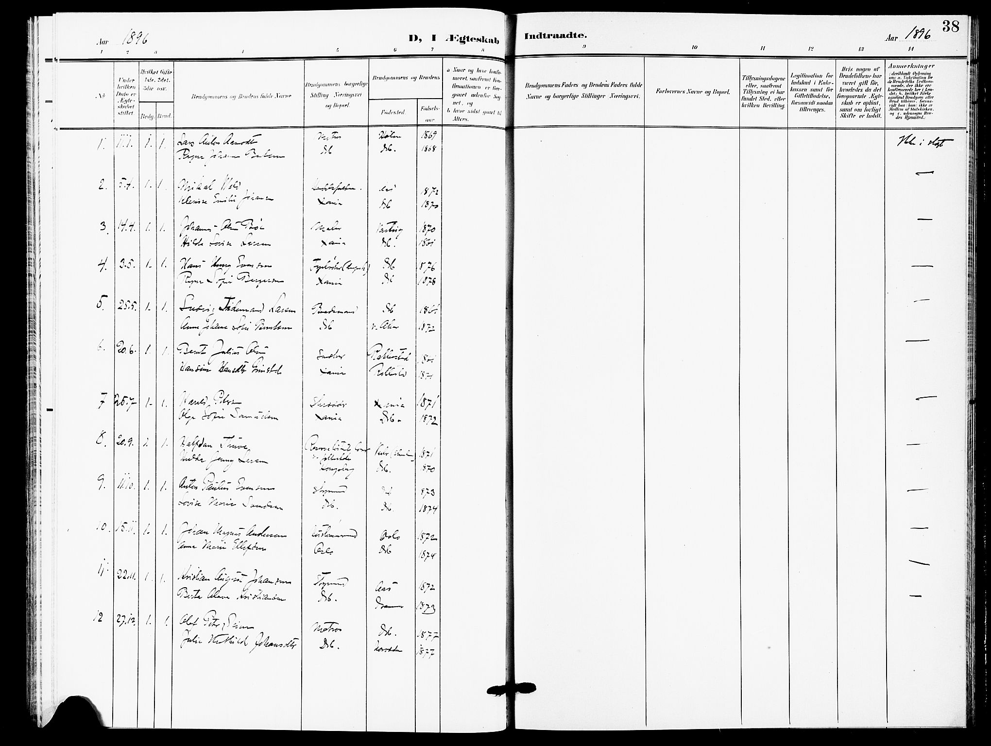 Drøbak prestekontor Kirkebøker, AV/SAO-A-10142a/F/Fb/L0002: Parish register (official) no. II 2, 1891-1896, p. 38