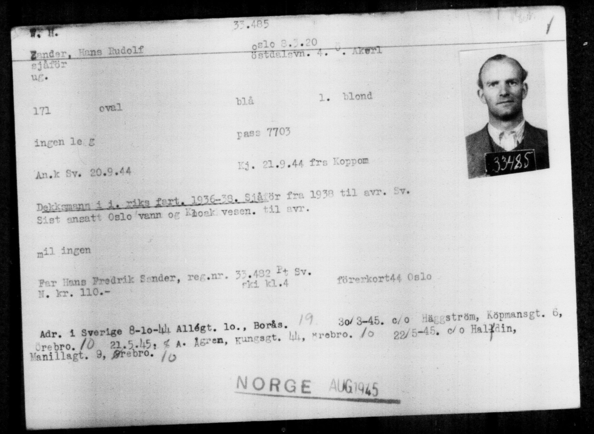 Utenriksstasjonene, Legasjonen i Stockholm, Flyktningkontoret, AV/RA-S-6753/V/Va/L0013: Kjesäterkartoteket, flyktninger med registreringsnr. 31500-34731, 1940-1945, p. 2091