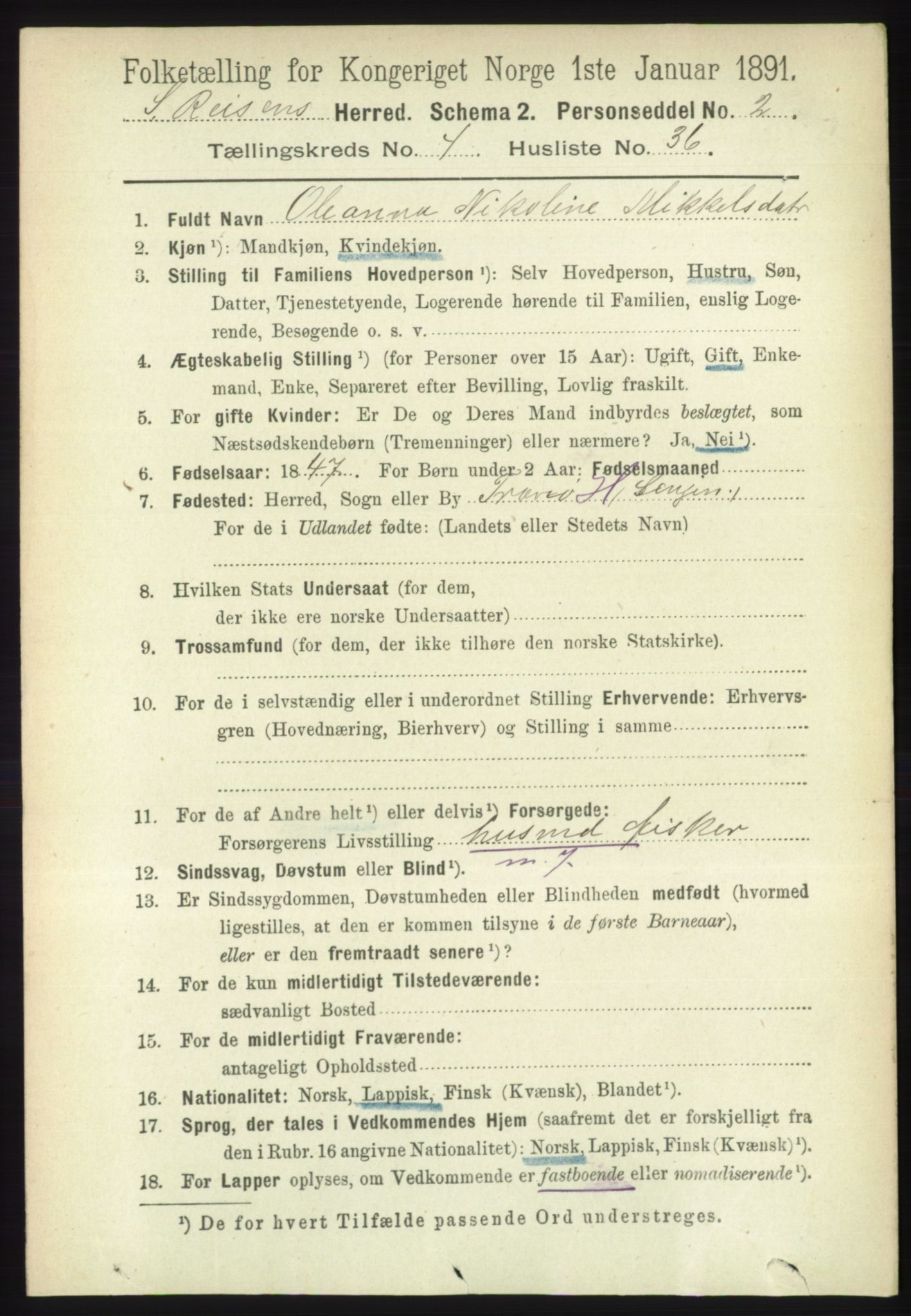 RA, 1891 census for 1925 Sørreisa, 1891, p. 1325