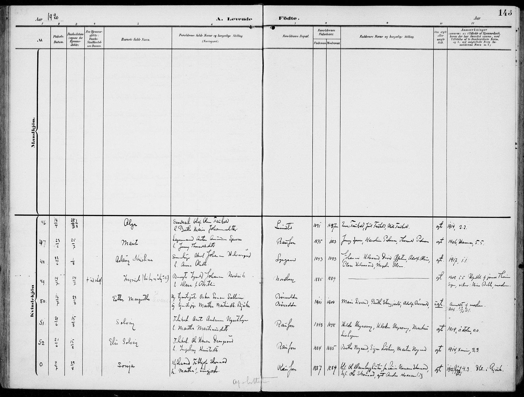 Vestre Toten prestekontor, AV/SAH-PREST-108/H/Ha/Haa/L0014: Parish register (official) no. 14, 1907-1920, p. 143