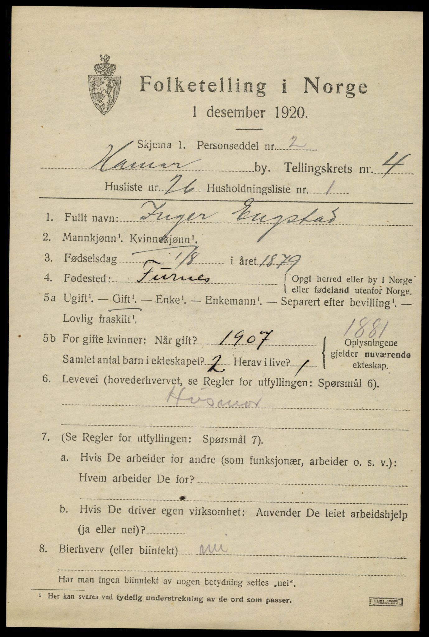 SAH, 1920 census for Hamar, 1920, p. 9069