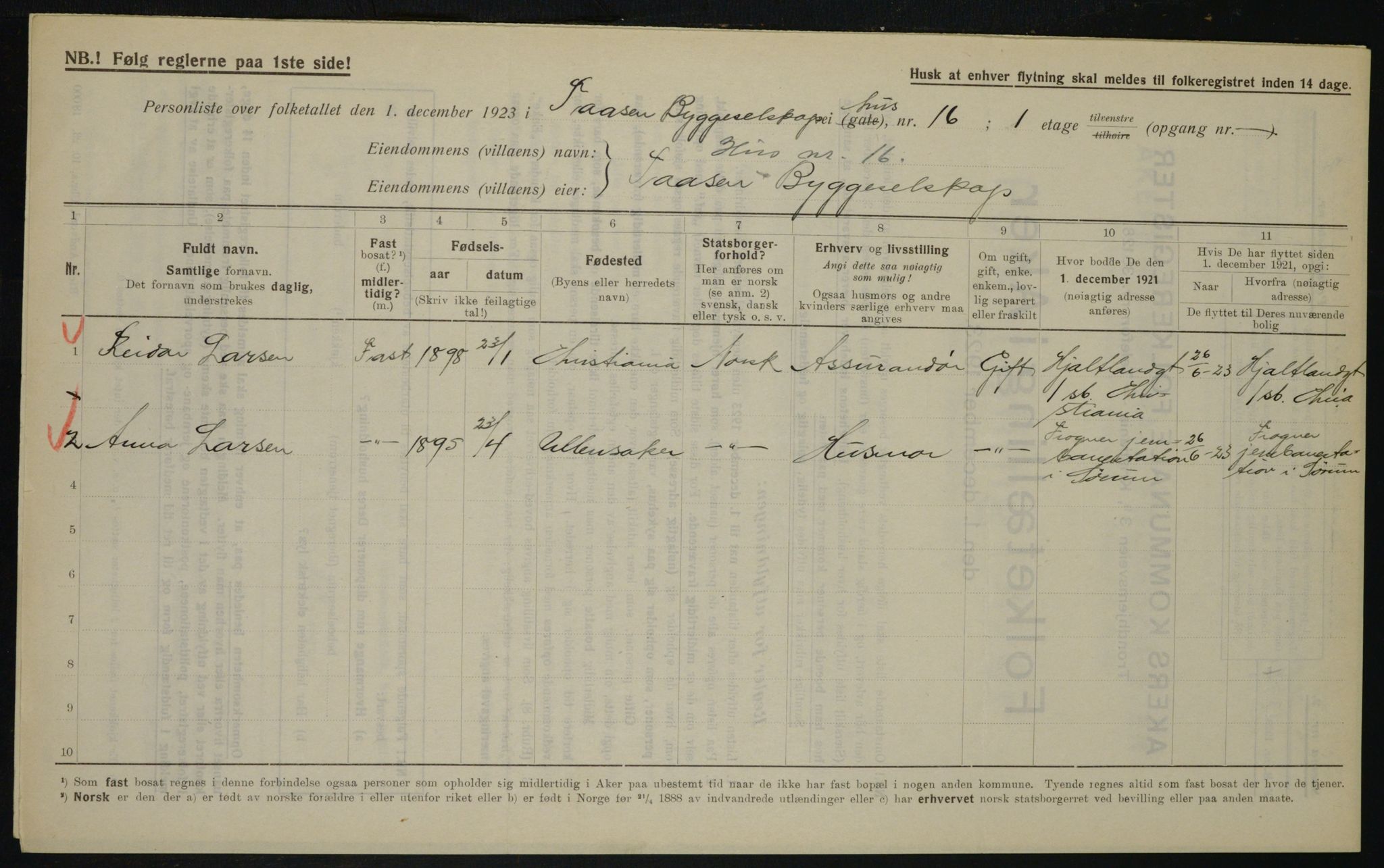 , Municipal Census 1923 for Aker, 1923, p. 19310