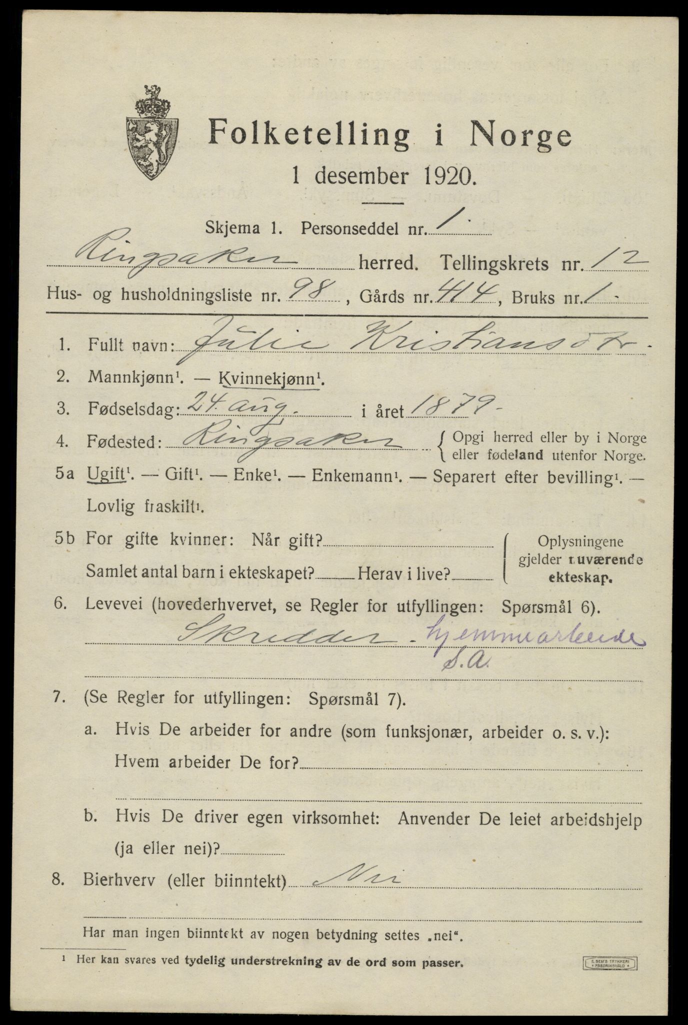 SAH, 1920 census for Ringsaker, 1920, p. 20598