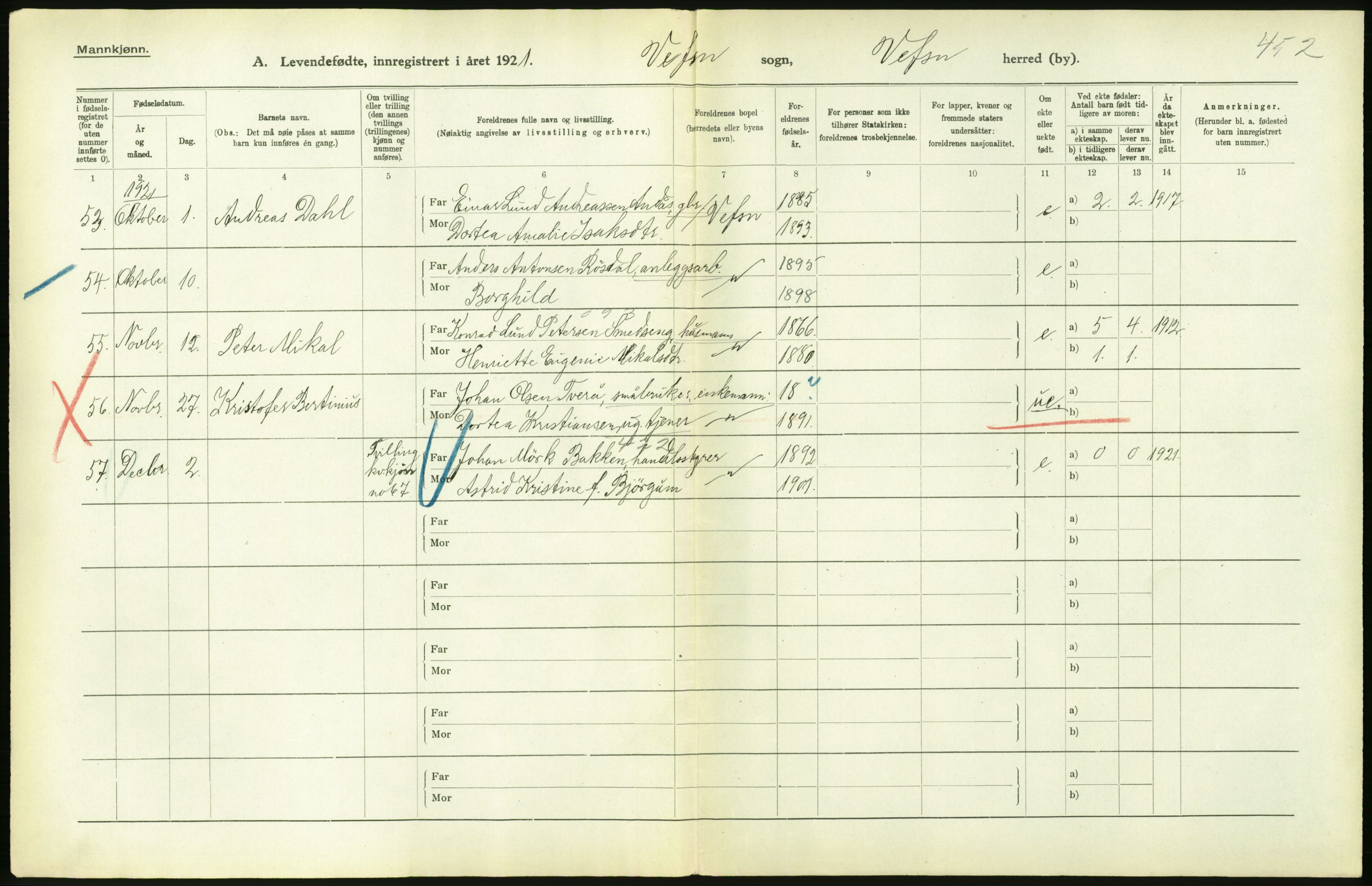 Statistisk sentralbyrå, Sosiodemografiske emner, Befolkning, AV/RA-S-2228/D/Df/Dfc/Dfca/L0049: Nordland fylke: Levendefødte menn og kvinner. Bygder., 1921, p. 508