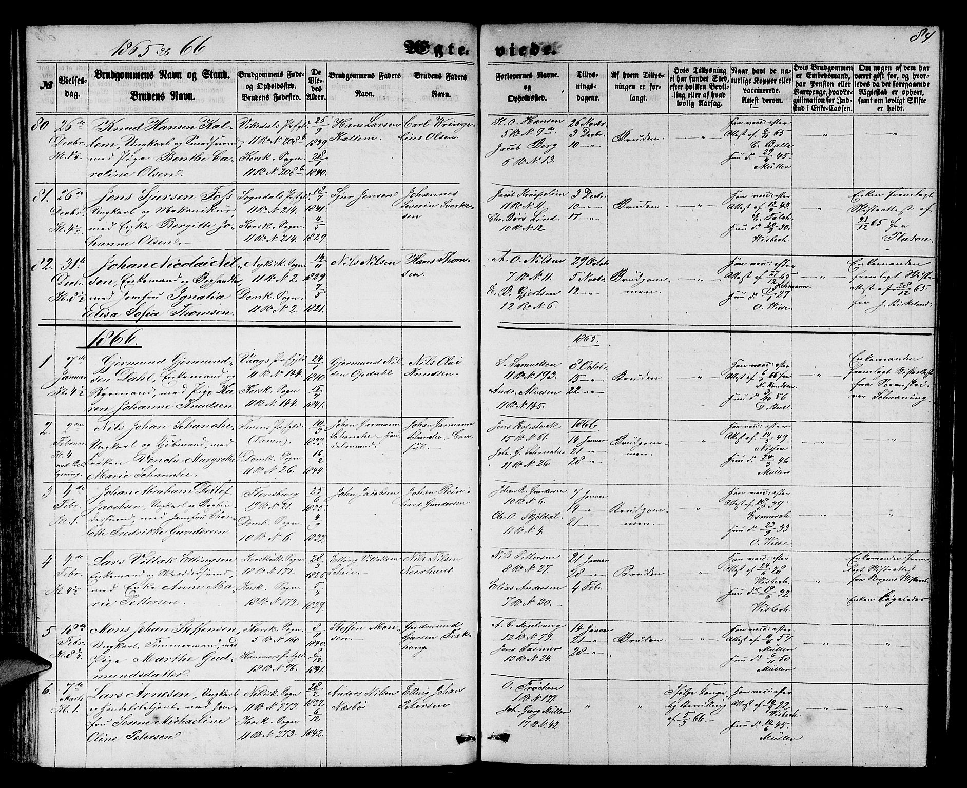 Domkirken sokneprestembete, SAB/A-74801/H/Hab/L0030: Parish register (copy) no. D 2, 1857-1876, p. 84