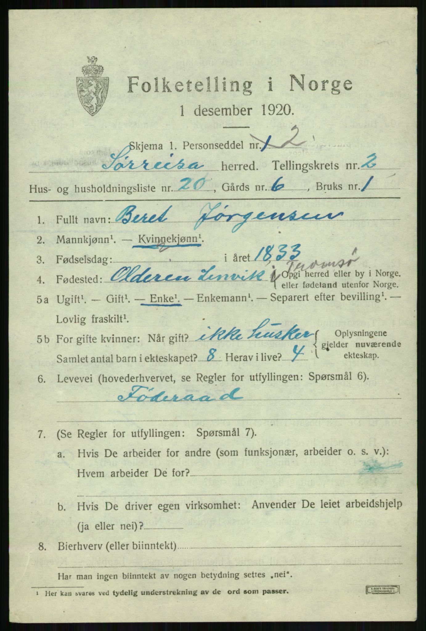 SATØ, 1920 census for Sørreisa, 1920, p. 1211