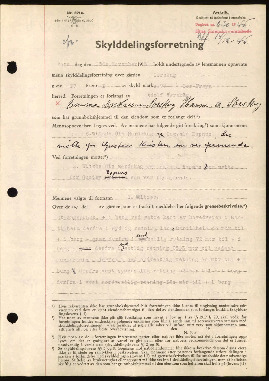 Hitra sorenskriveri, AV/SAT-A-0018/2/2C/2Ca: Mortgage book no. A2, 1943-1945, Diary no: : 630/1945