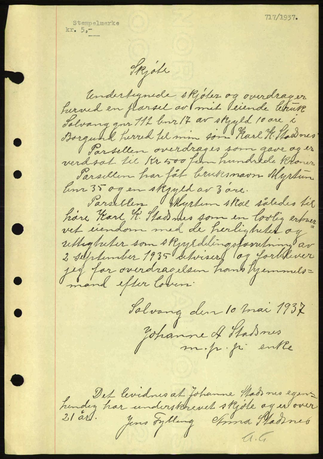 Nordre Sunnmøre sorenskriveri, AV/SAT-A-0006/1/2/2C/2Ca: Mortgage book no. A2, 1936-1937, Diary no: : 717/1937