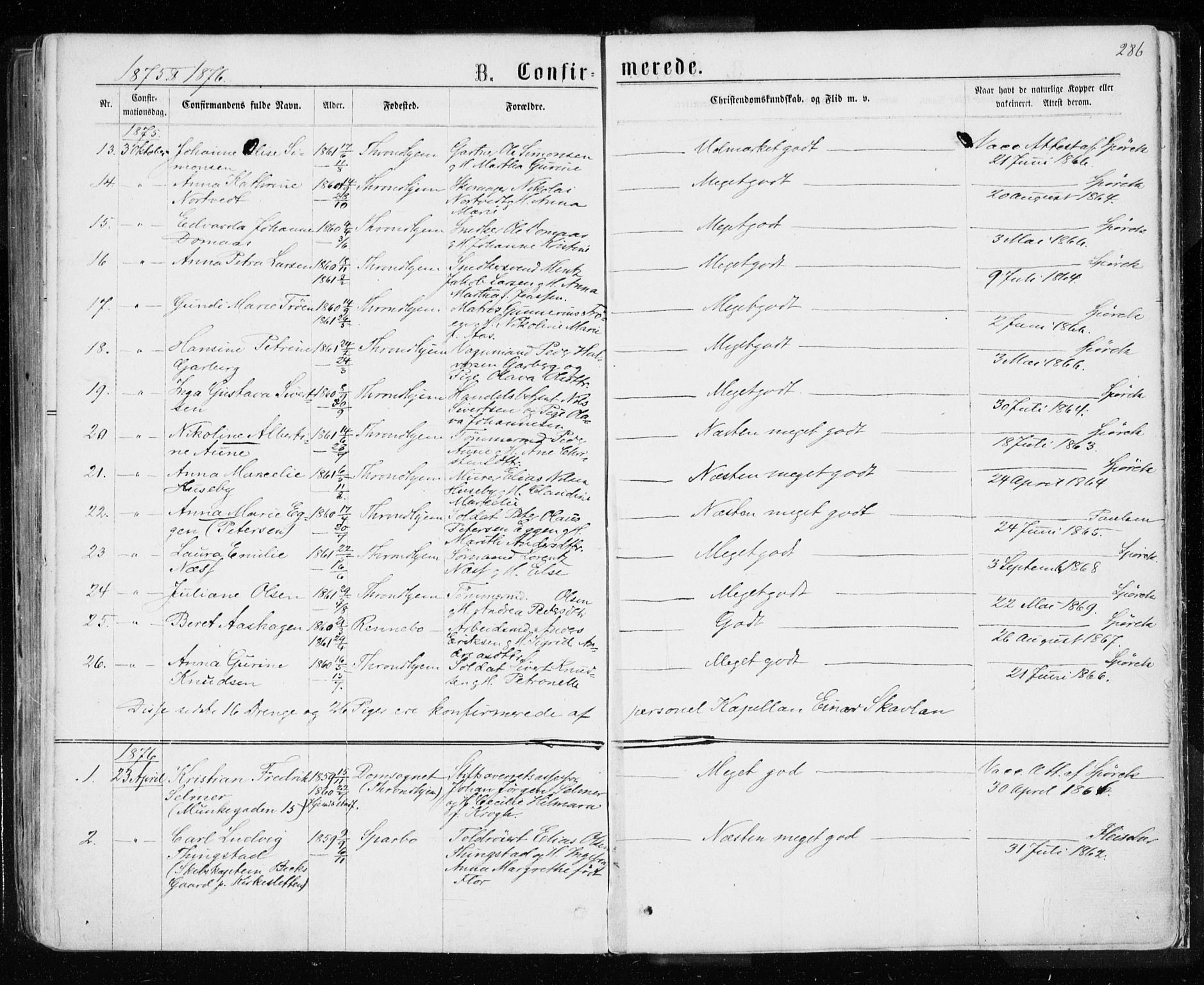 Ministerialprotokoller, klokkerbøker og fødselsregistre - Sør-Trøndelag, SAT/A-1456/601/L0054: Parish register (official) no. 601A22, 1866-1877, p. 286