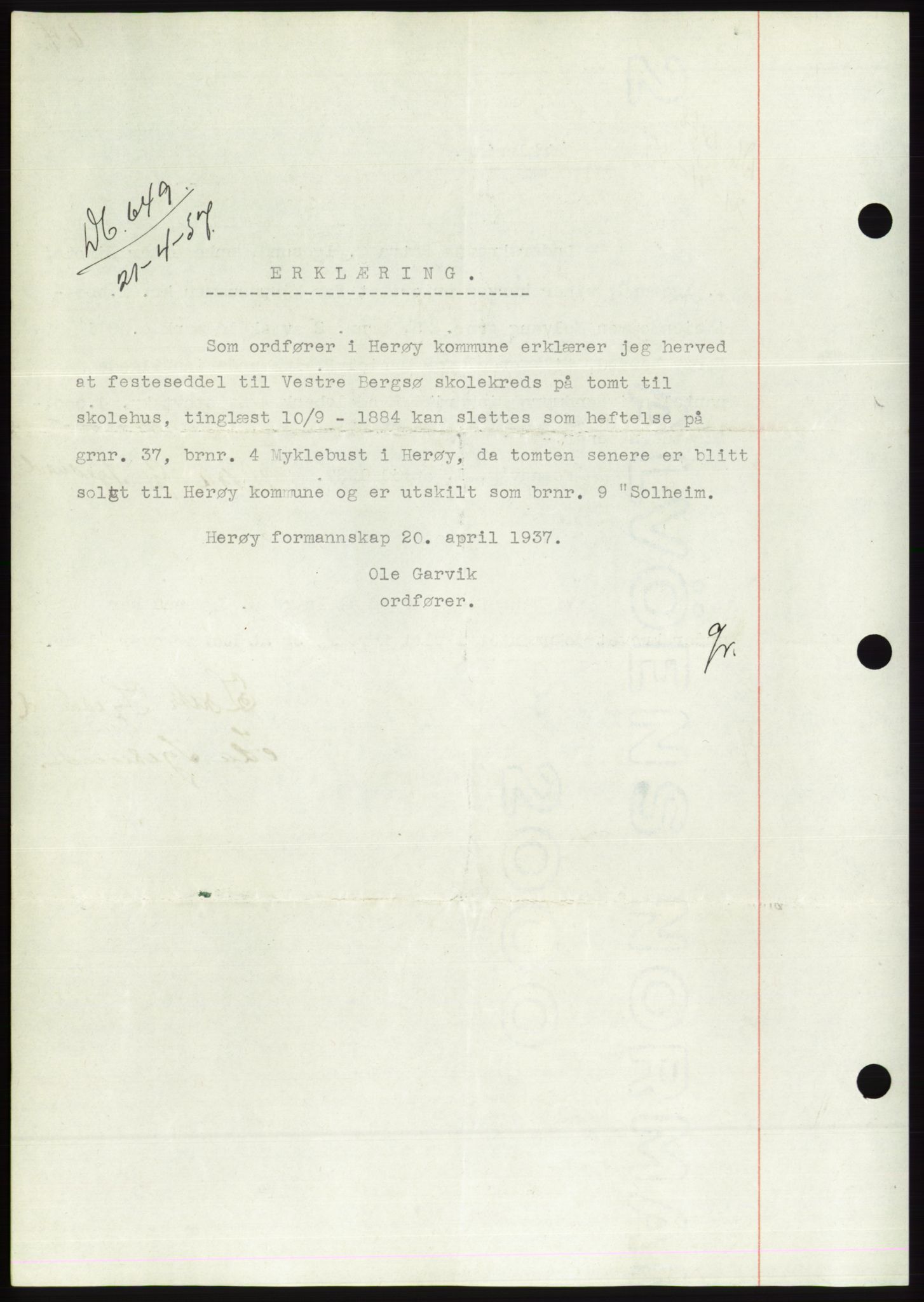 Søre Sunnmøre sorenskriveri, AV/SAT-A-4122/1/2/2C/L0063: Mortgage book no. 57, 1937-1937, Diary no: : 649/1937