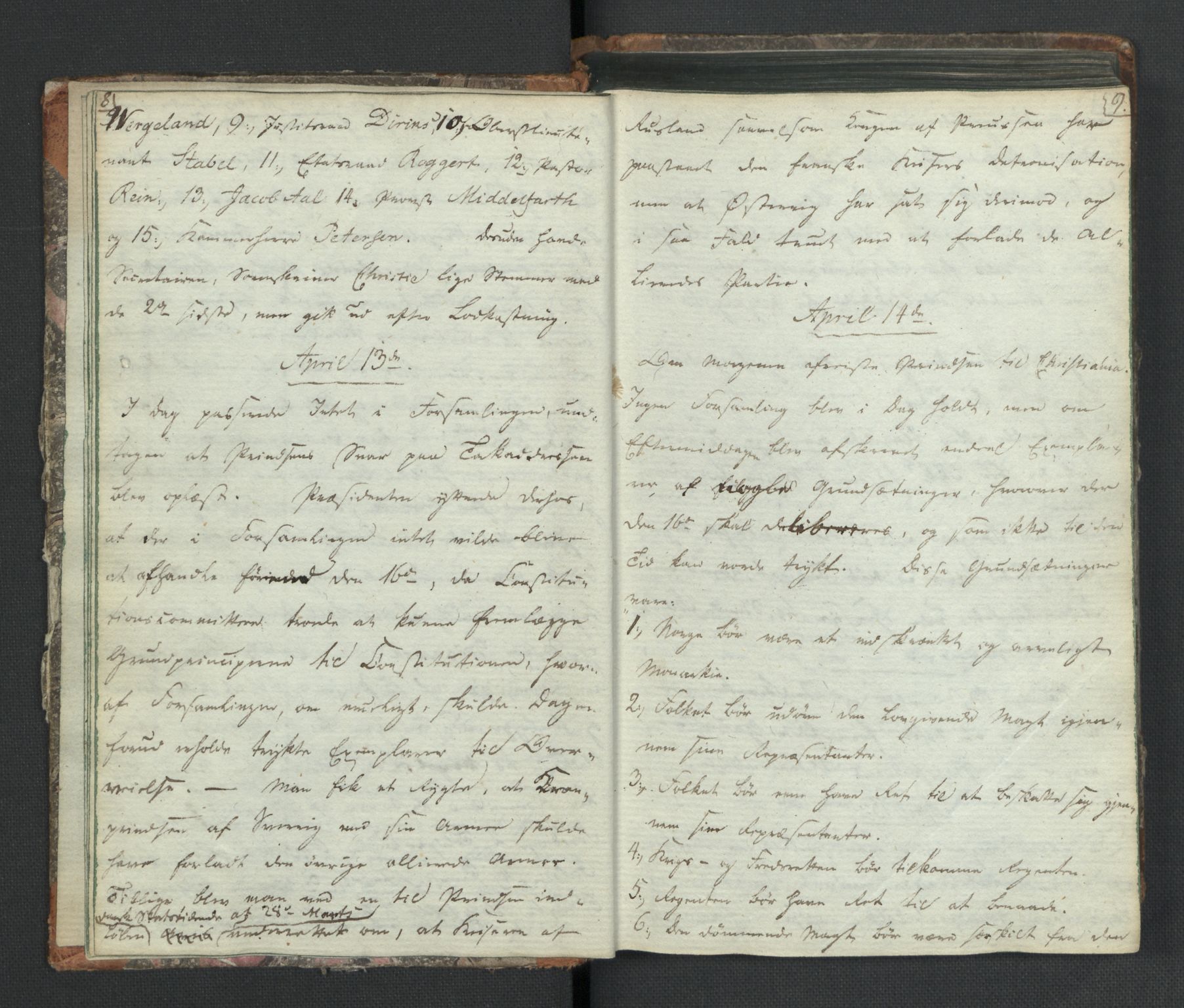 Manuskriptsamlingen, RA/EA-3667/H/L0021: Byfogd Gregers Winther Wulfbergs dagbok under Riksforsamlingen på Eidsvoll, 1814, p. 8-9