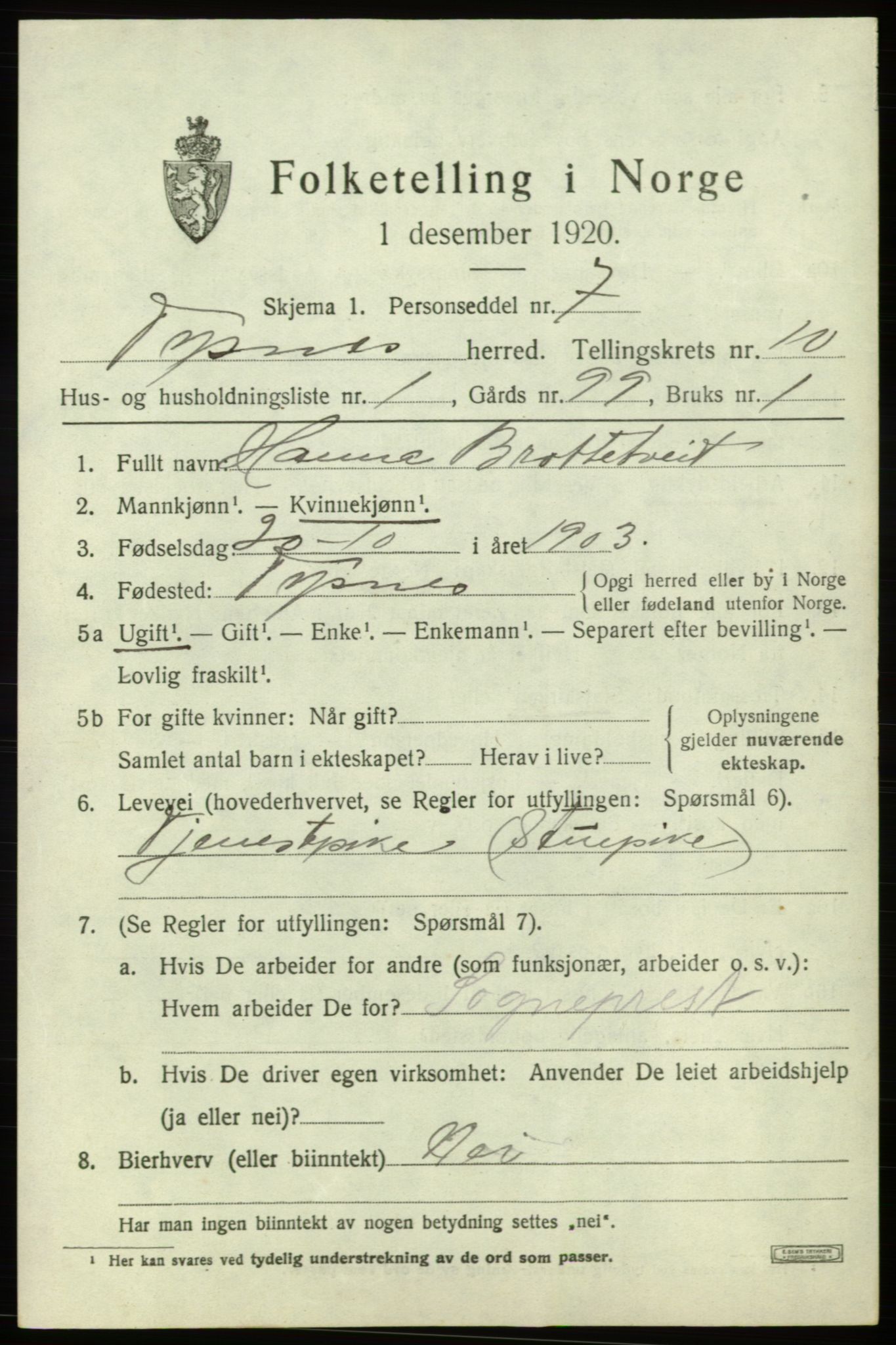 SAB, 1920 census for Tysnes, 1920, p. 7222