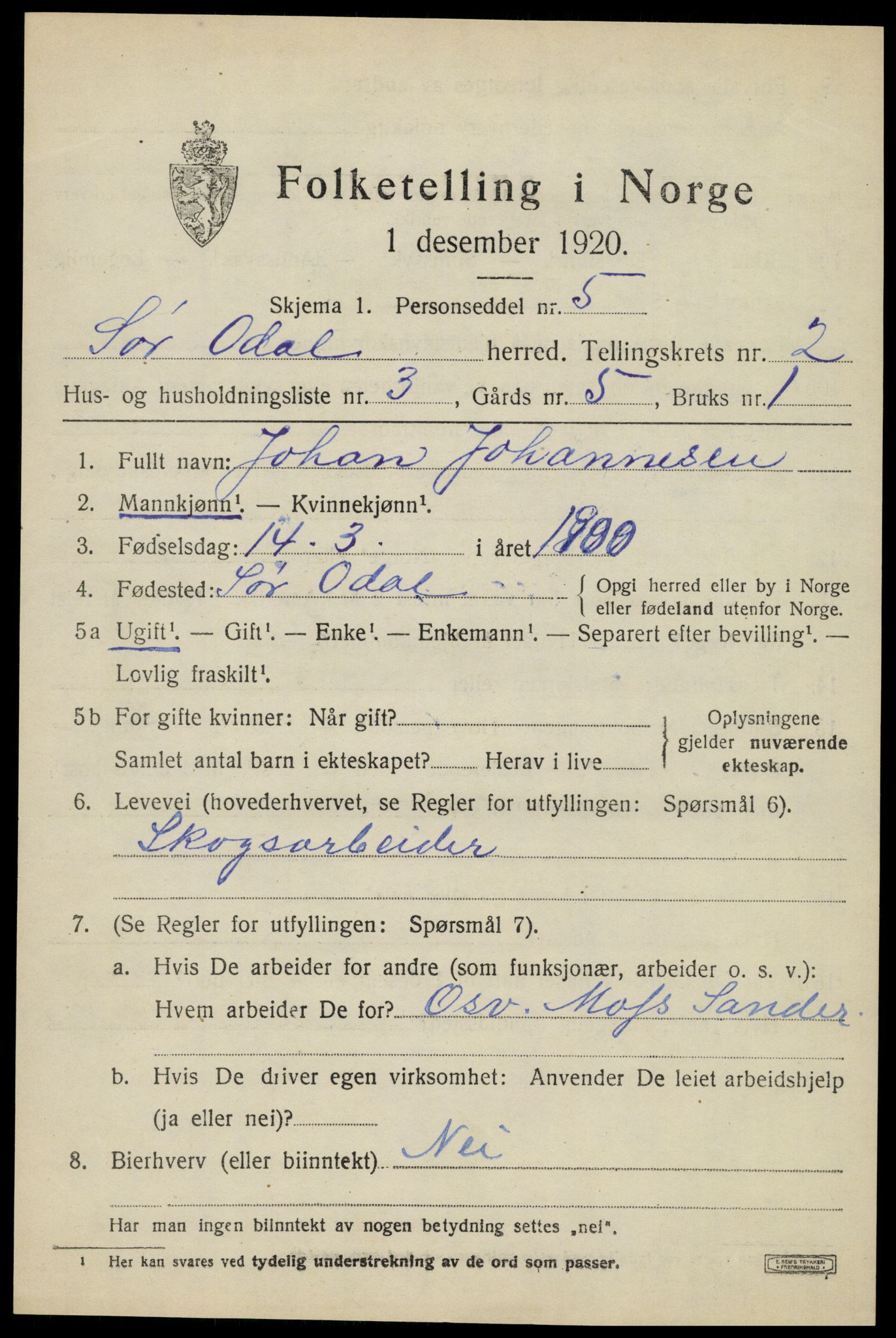 SAH, 1920 census for Sør-Odal, 1920, p. 3011