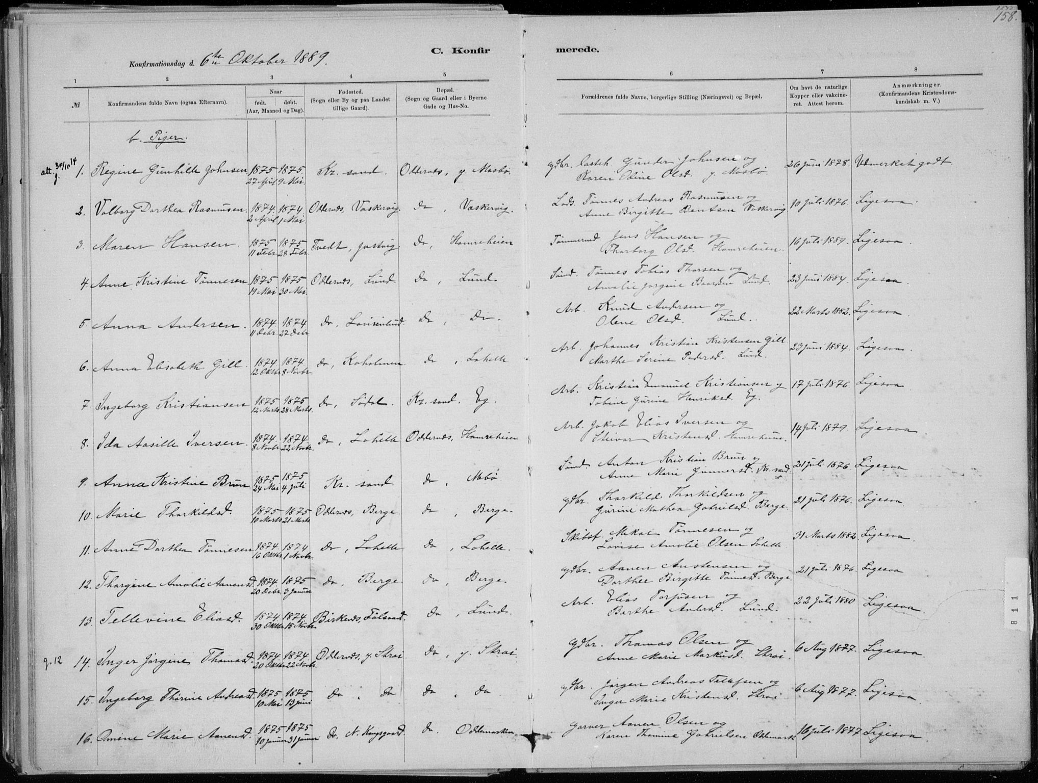 Oddernes sokneprestkontor, AV/SAK-1111-0033/F/Fa/Faa/L0009: Parish register (official) no. A 9, 1884-1896, p. 158