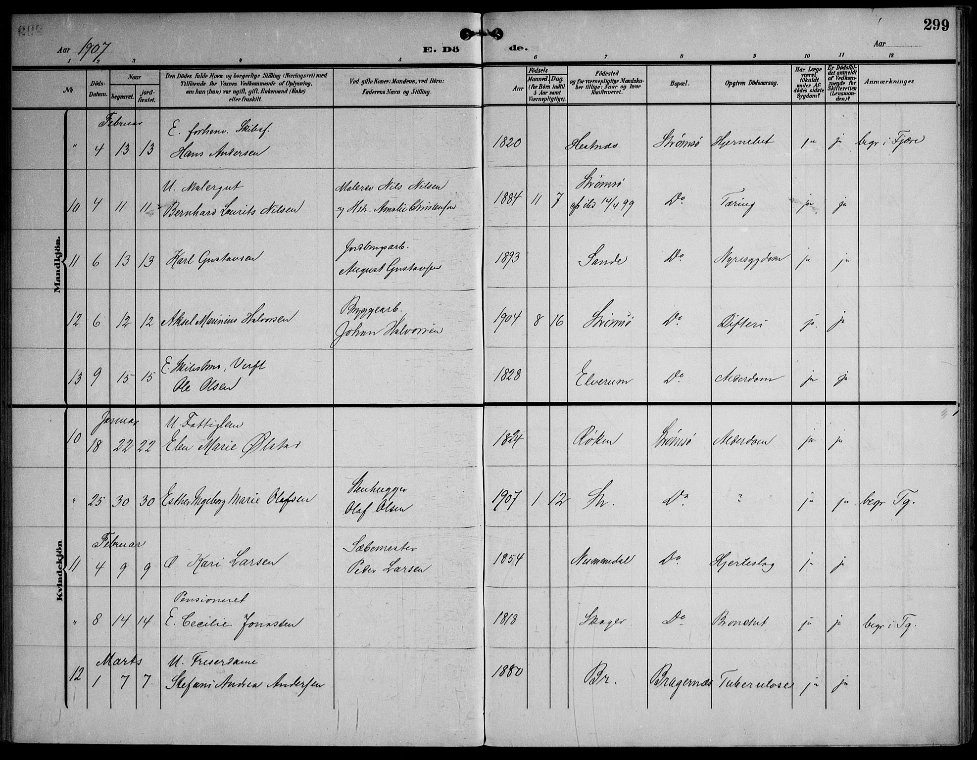 Strømsø kirkebøker, SAKO/A-246/F/Fa/L0026: Parish register (official) no. I 26, 1905-1914, p. 299