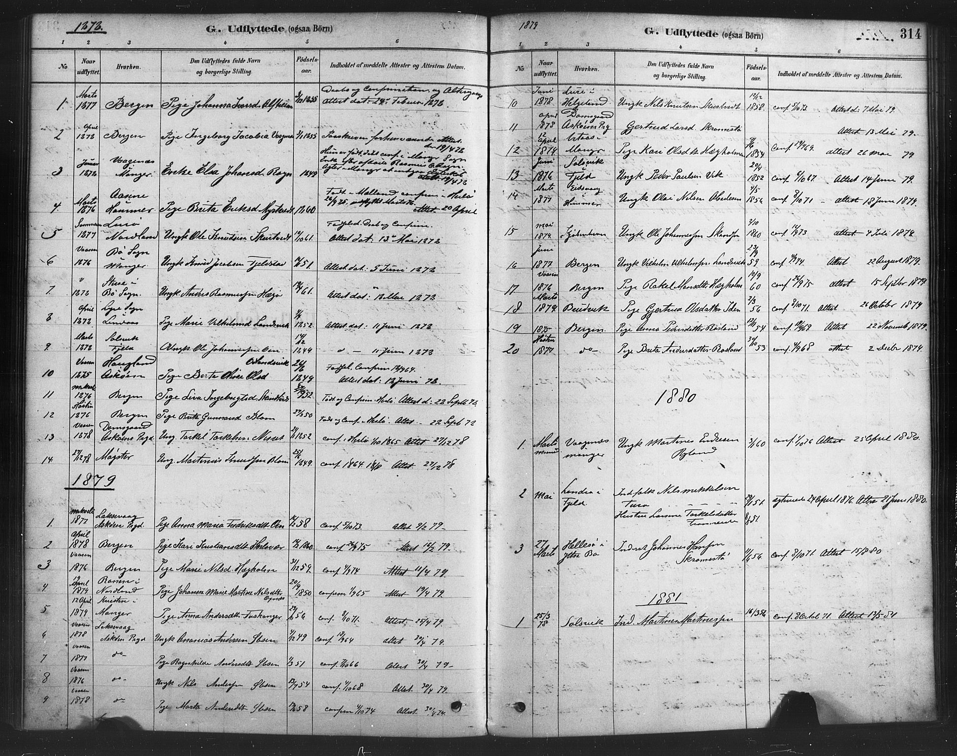 Herdla Sokneprestembete, AV/SAB-A-75701/H/Haa: Parish register (official) no. A 3, 1878-1890, p. 314