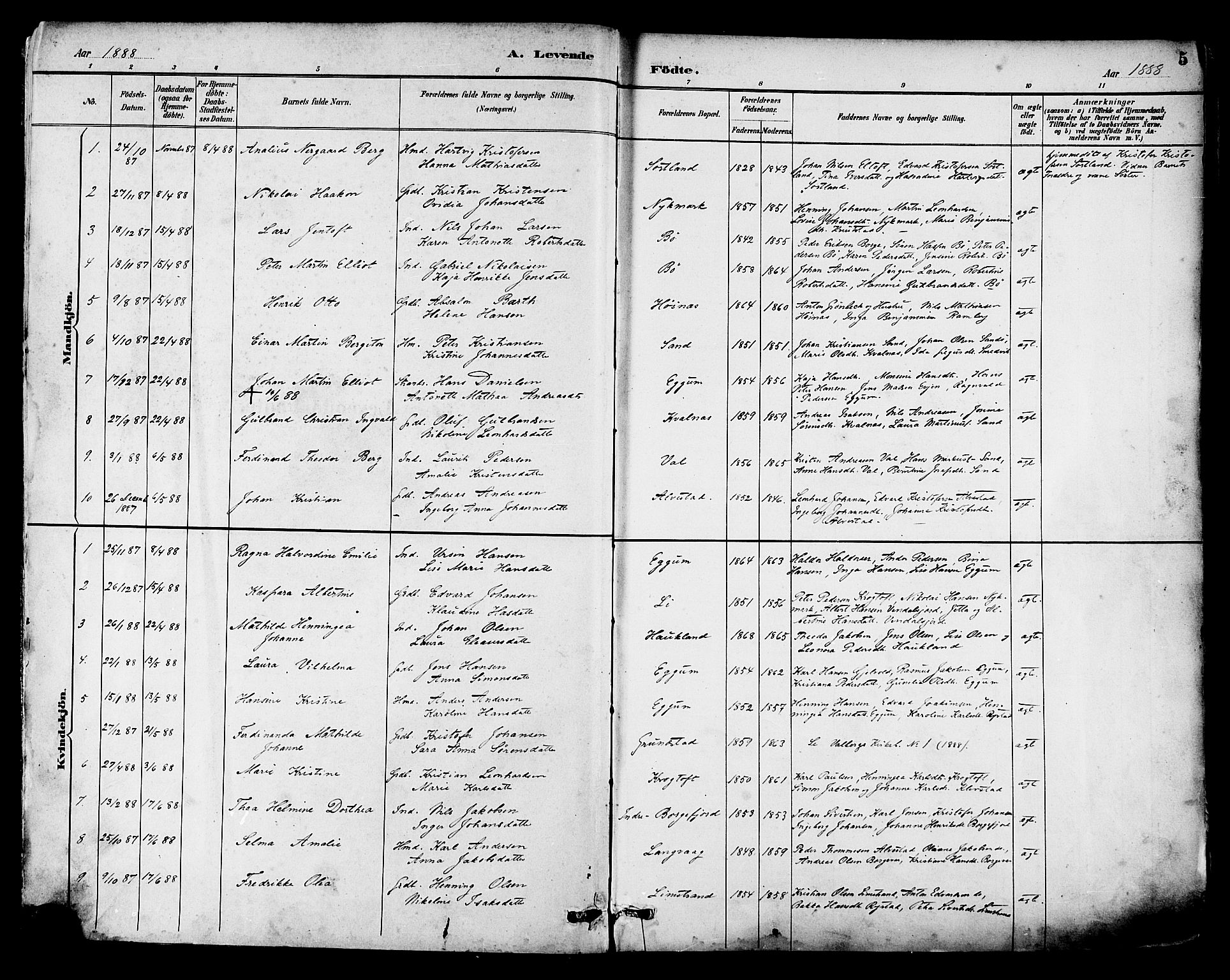 Ministerialprotokoller, klokkerbøker og fødselsregistre - Nordland, SAT/A-1459/880/L1133: Parish register (official) no. 880A07, 1888-1898, p. 5