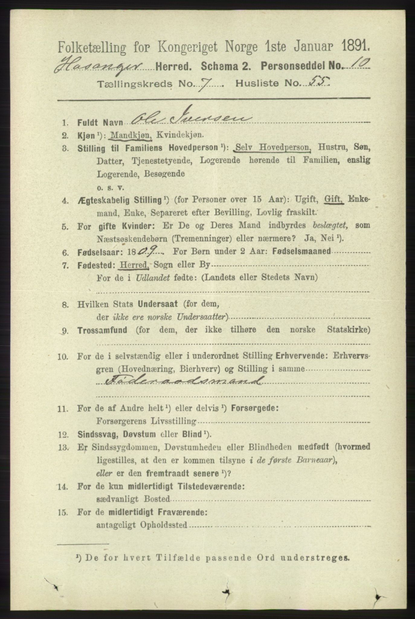 RA, 1891 census for 1253 Hosanger, 1891, p. 2896