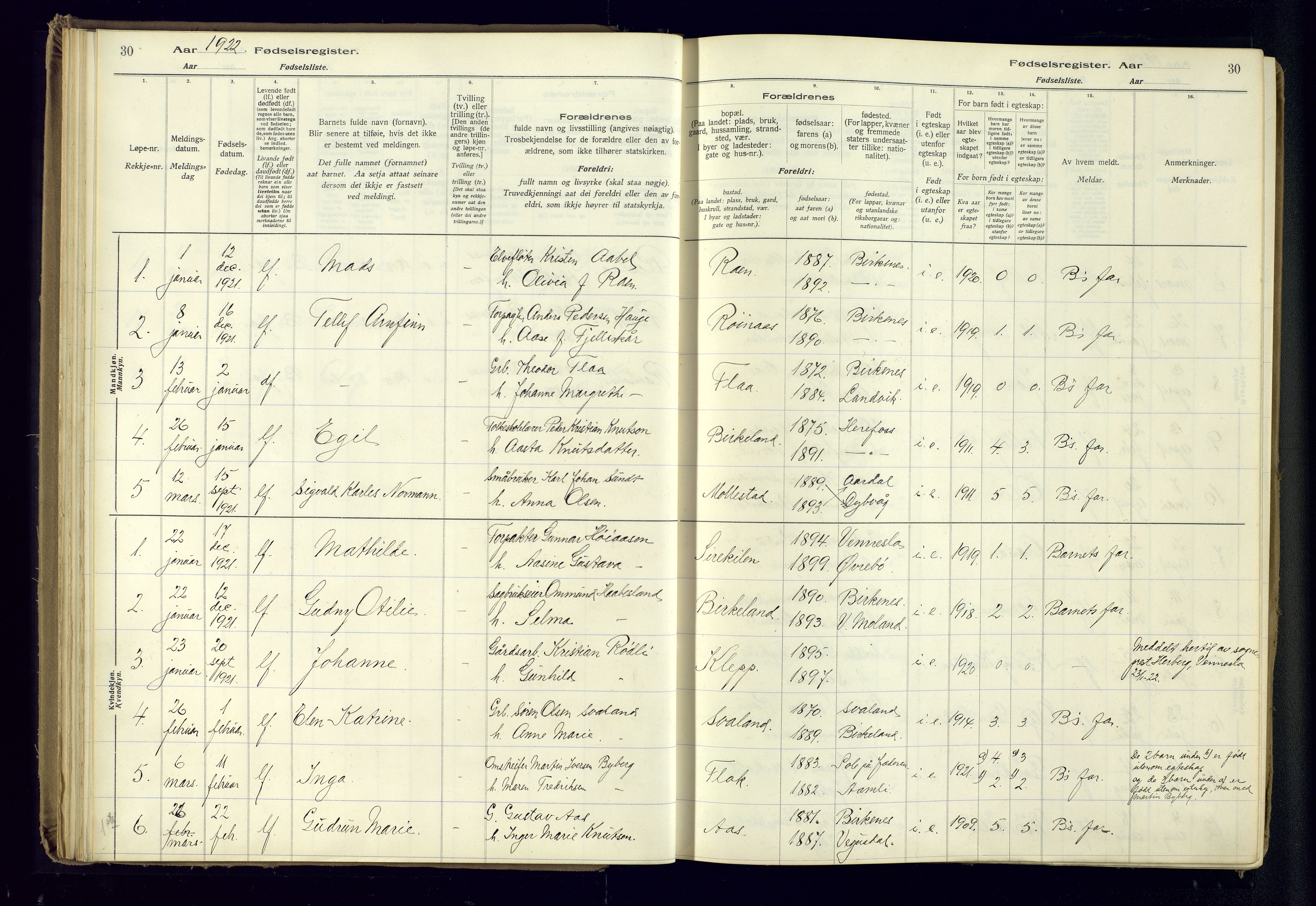 Birkenes sokneprestkontor, AV/SAK-1111-0004/J/Ja/L0001: Birth register no. II.6.4, 1916-1962, p. 30