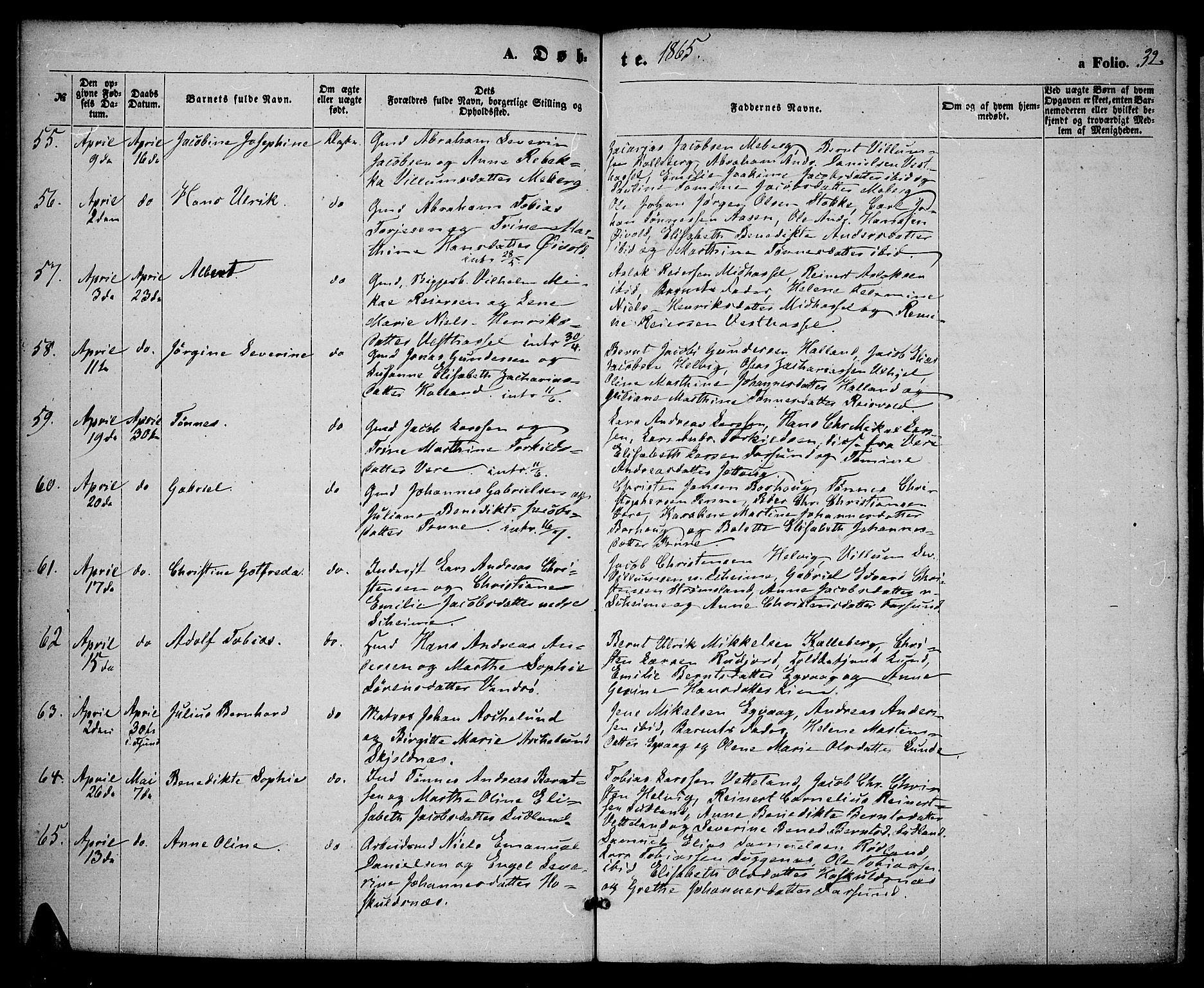 Lista sokneprestkontor, AV/SAK-1111-0027/F/Fb/L0003: Parish register (copy) no. B 3, 1862-1877, p. 32