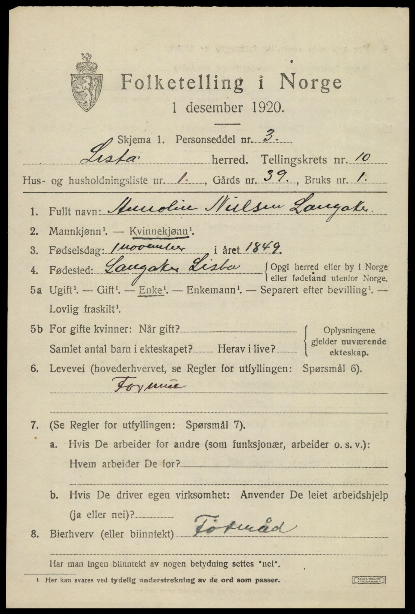 SAK, 1920 census for Lista, 1920, p. 10161