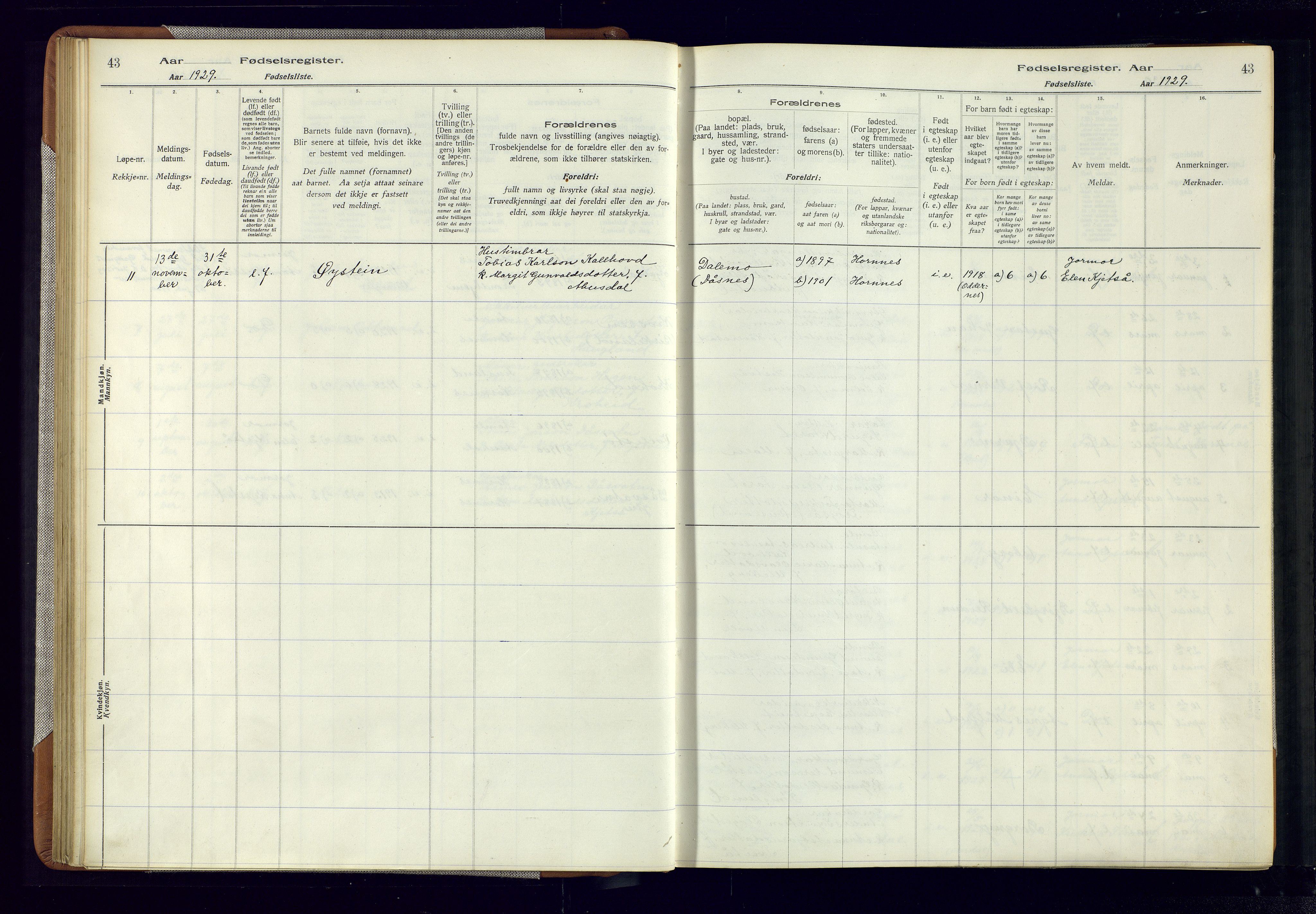 Evje sokneprestkontor, AV/SAK-1111-0008/J/Jc/L0006: Birth register no. 6, 1916-1982, p. 43