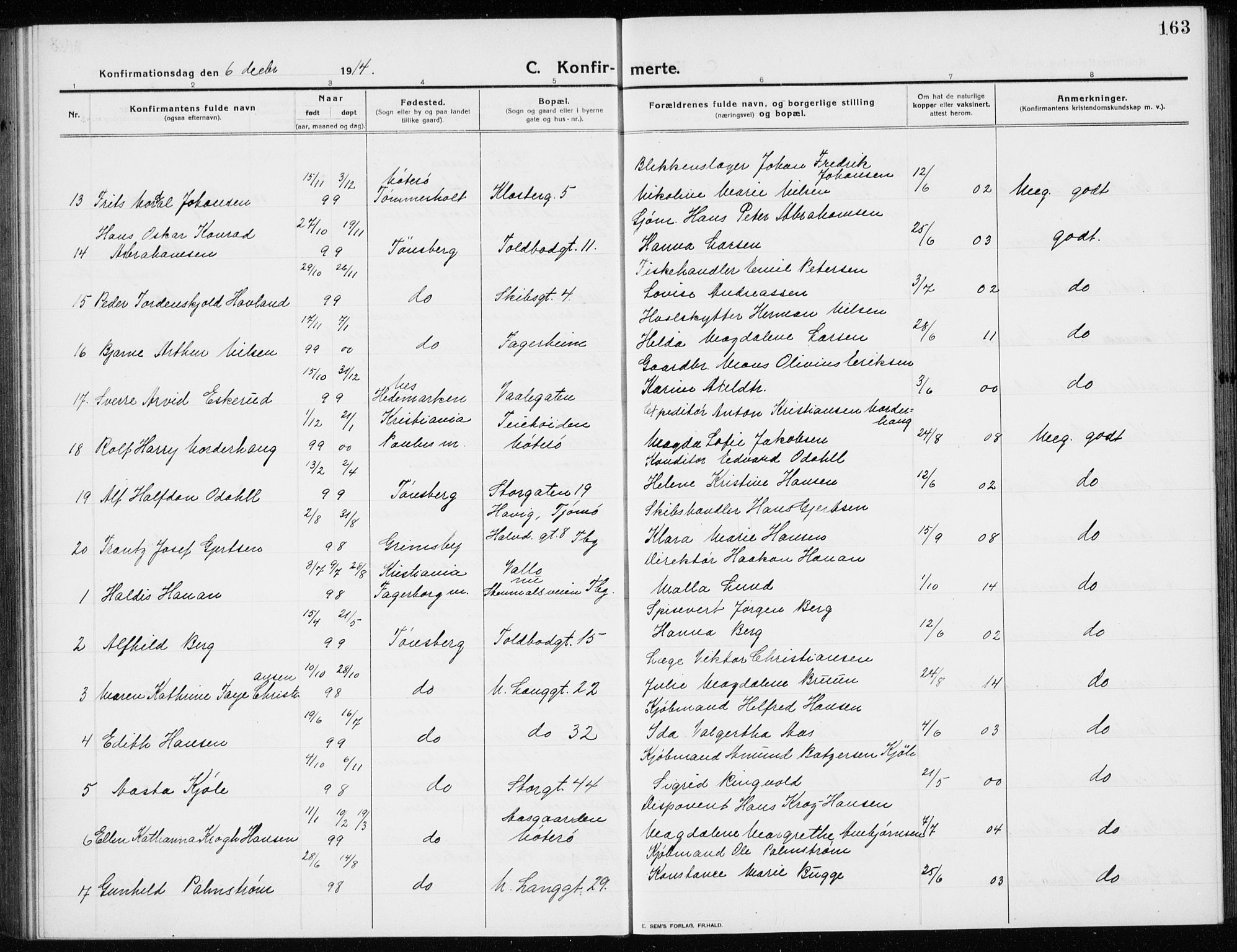 Tønsberg kirkebøker, AV/SAKO-A-330/G/Ga/L0009: Parish register (copy) no. 9, 1913-1920, p. 163