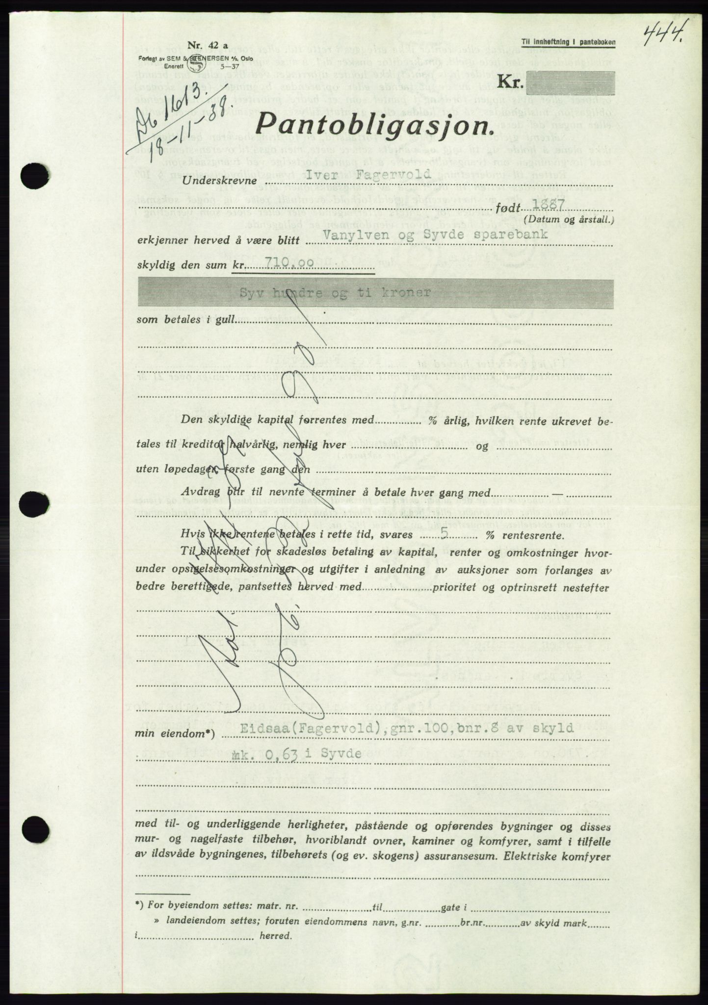 Søre Sunnmøre sorenskriveri, AV/SAT-A-4122/1/2/2C/L0066: Mortgage book no. 60, 1938-1938, Diary no: : 1613/1938