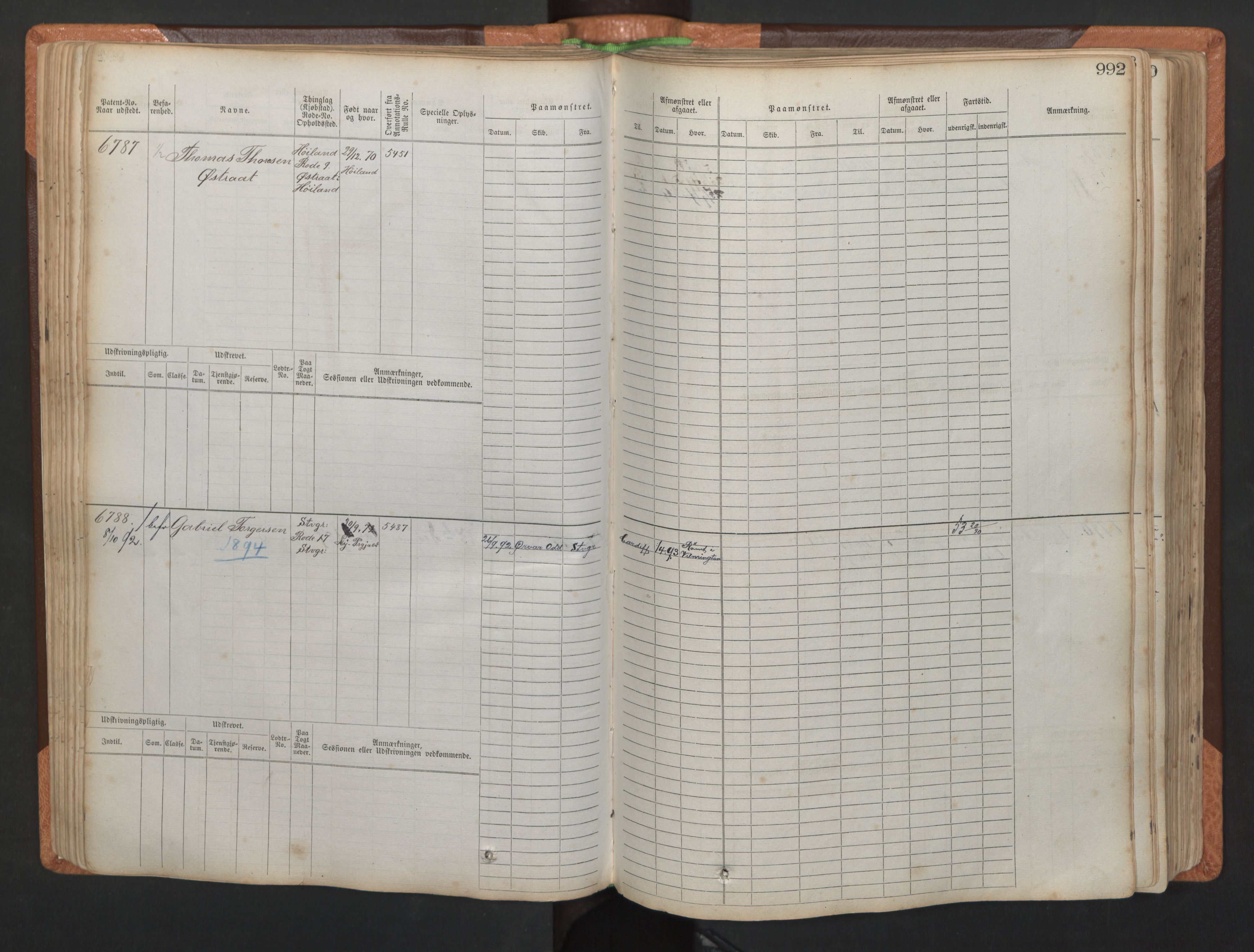 Stavanger sjømannskontor, AV/SAST-A-102006/F/Fb/Fbb/L0011: Sjøfartshovedrulle, patentnr. 6607-7206 (del 2), 1887-1896, p. 95