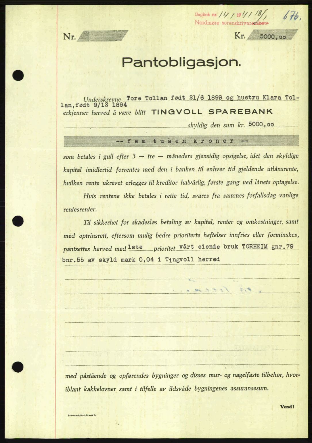 Nordmøre sorenskriveri, AV/SAT-A-4132/1/2/2Ca: Mortgage book no. B87, 1940-1941, Diary no: : 141/1941