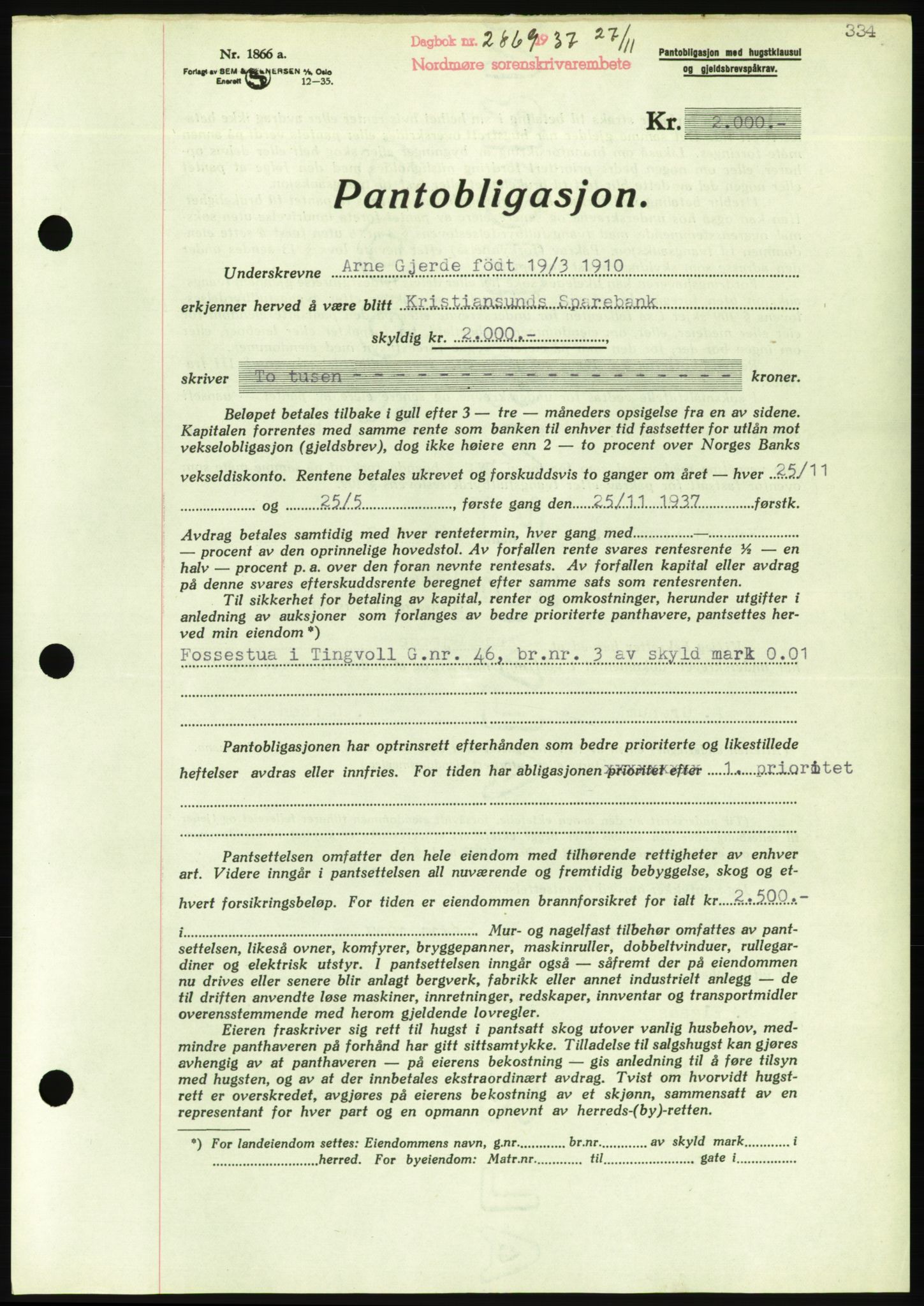 Nordmøre sorenskriveri, AV/SAT-A-4132/1/2/2Ca/L0092: Mortgage book no. B82, 1937-1938, Diary no: : 2869/1937