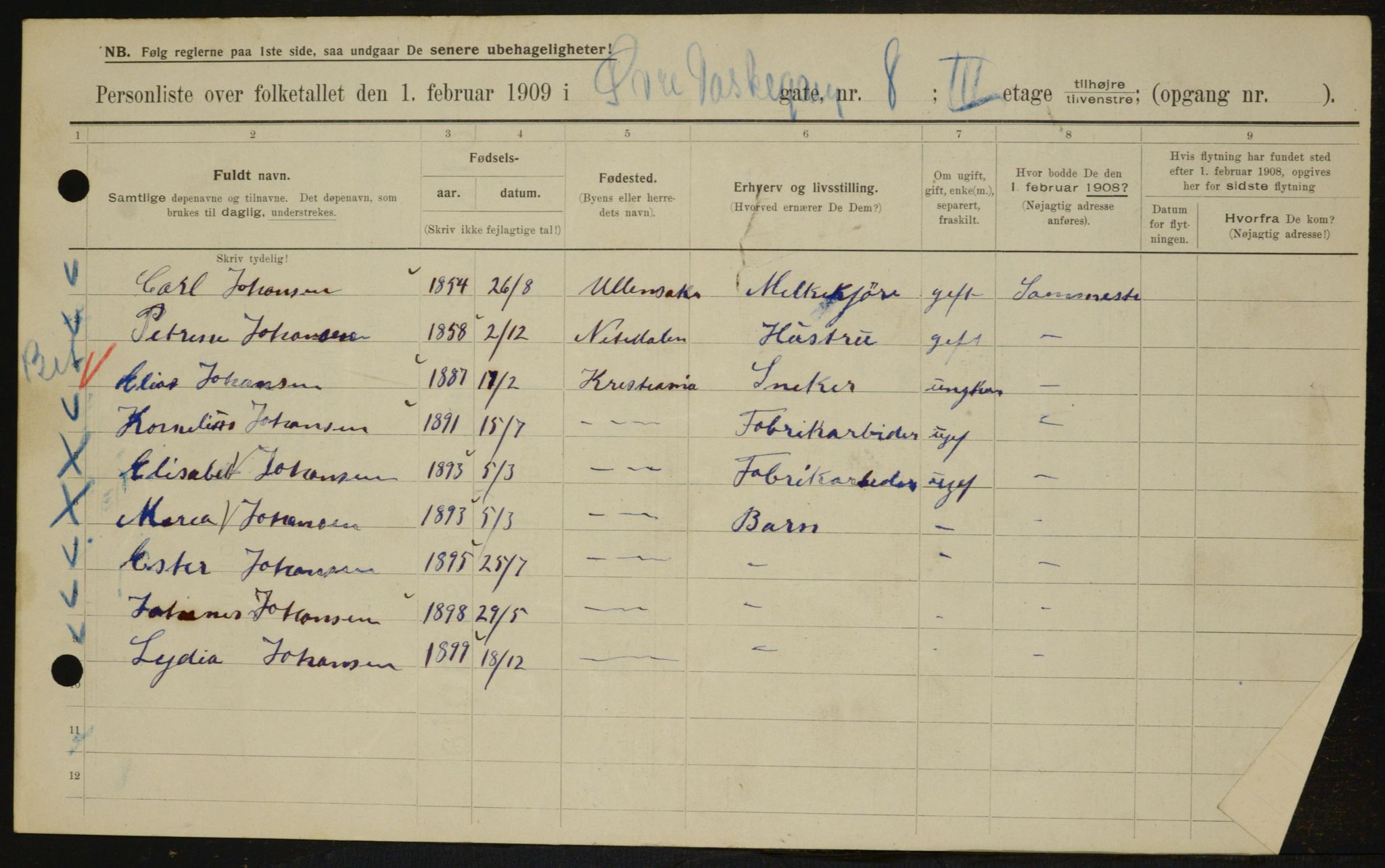 OBA, Municipal Census 1909 for Kristiania, 1909, p. 118050