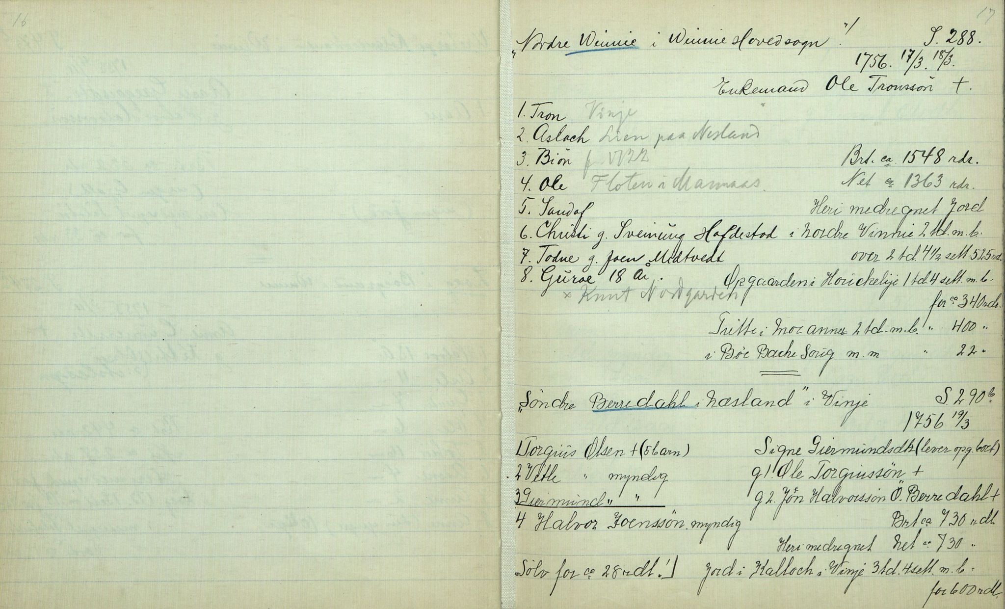 Rikard Berge, TEMU/TGM-A-1003/F/L0012/0012: 400-450 / 411 Vinje 1753-73 Skifte. R. Berge, 1917, p. 16-17