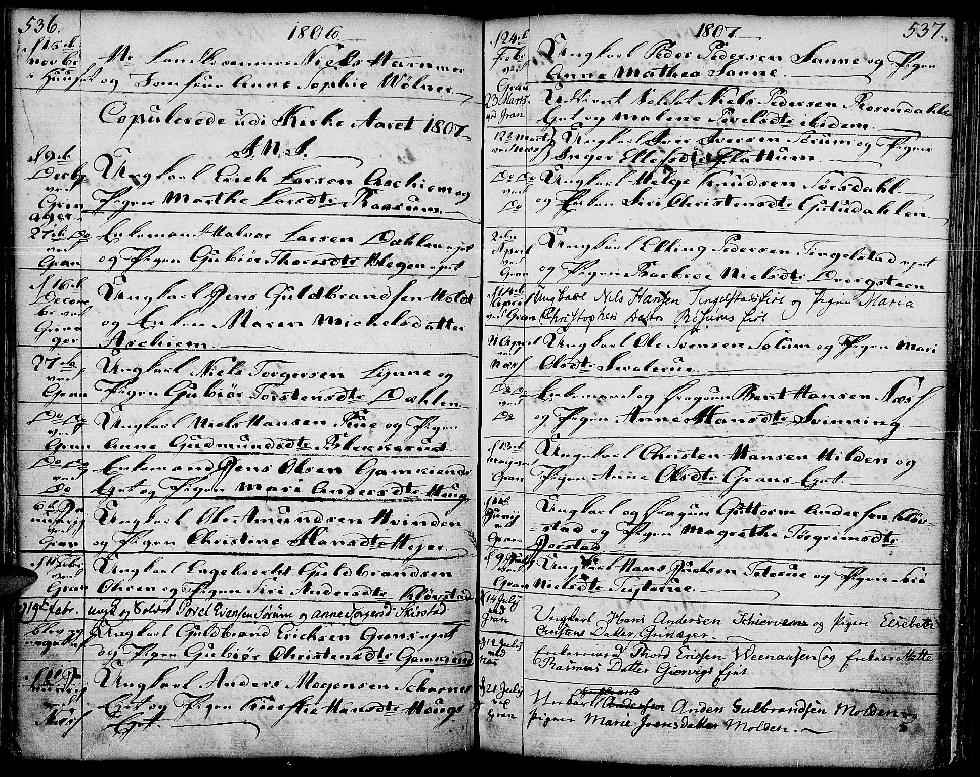 Gran prestekontor, SAH/PREST-112/H/Ha/Haa/L0006: Parish register (official) no. 6, 1787-1824, p. 536-537