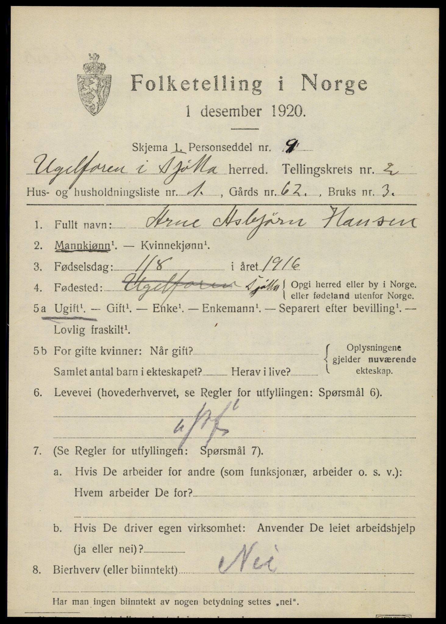 SAT, 1920 census for Tjøtta, 1920, p. 1227