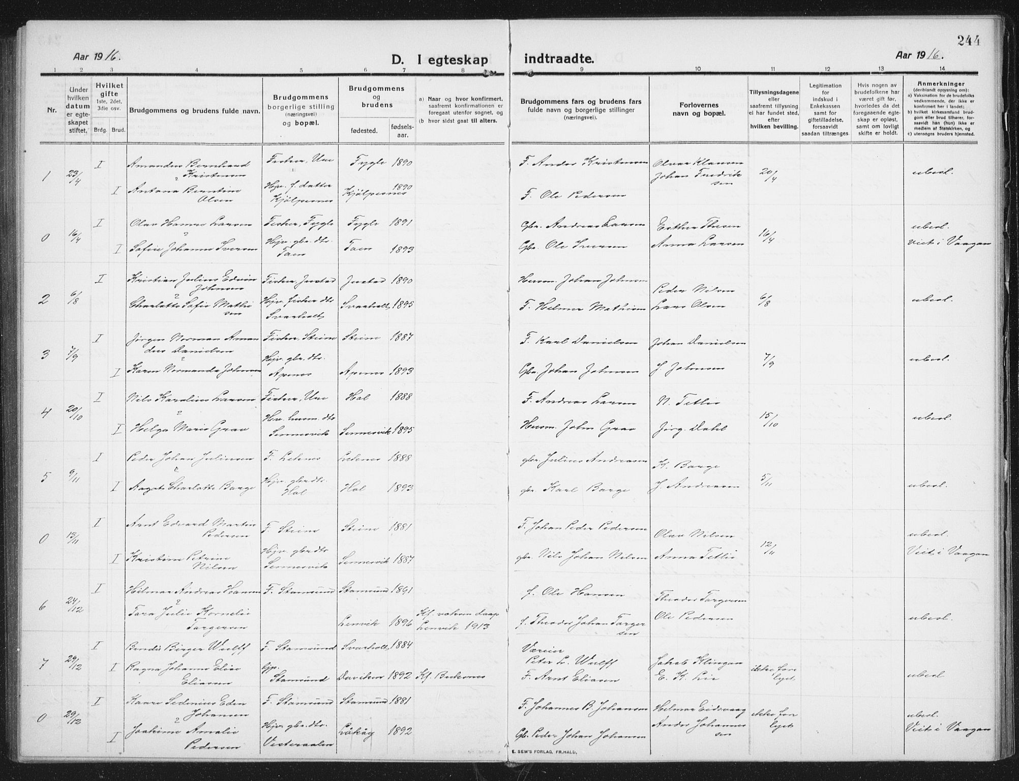 Ministerialprotokoller, klokkerbøker og fødselsregistre - Nordland, AV/SAT-A-1459/882/L1183: Parish register (copy) no. 882C01, 1911-1938, p. 244