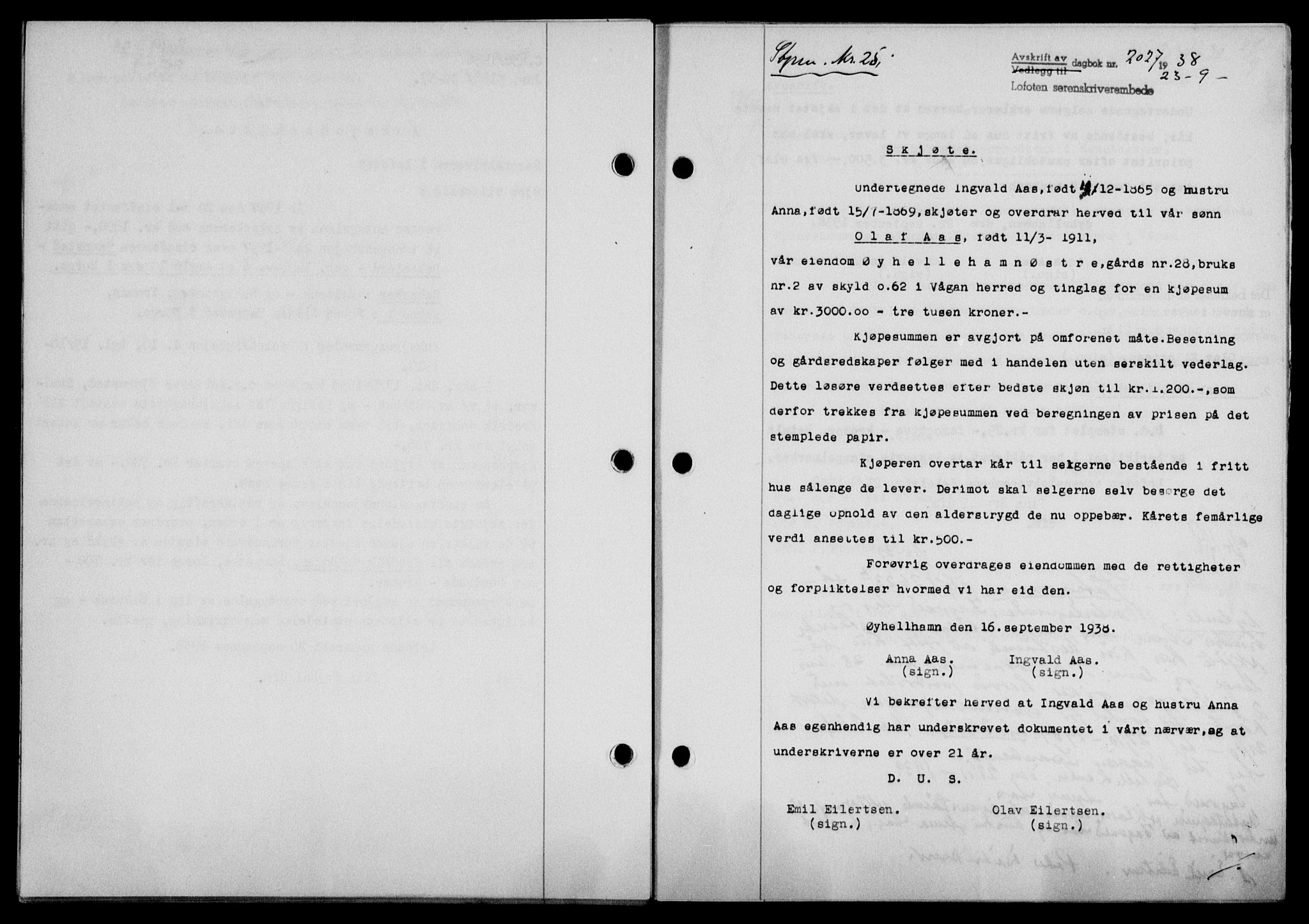 Lofoten sorenskriveri, SAT/A-0017/1/2/2C/L0004a: Mortgage book no. 4a, 1938-1938, Diary no: : 2027/1938