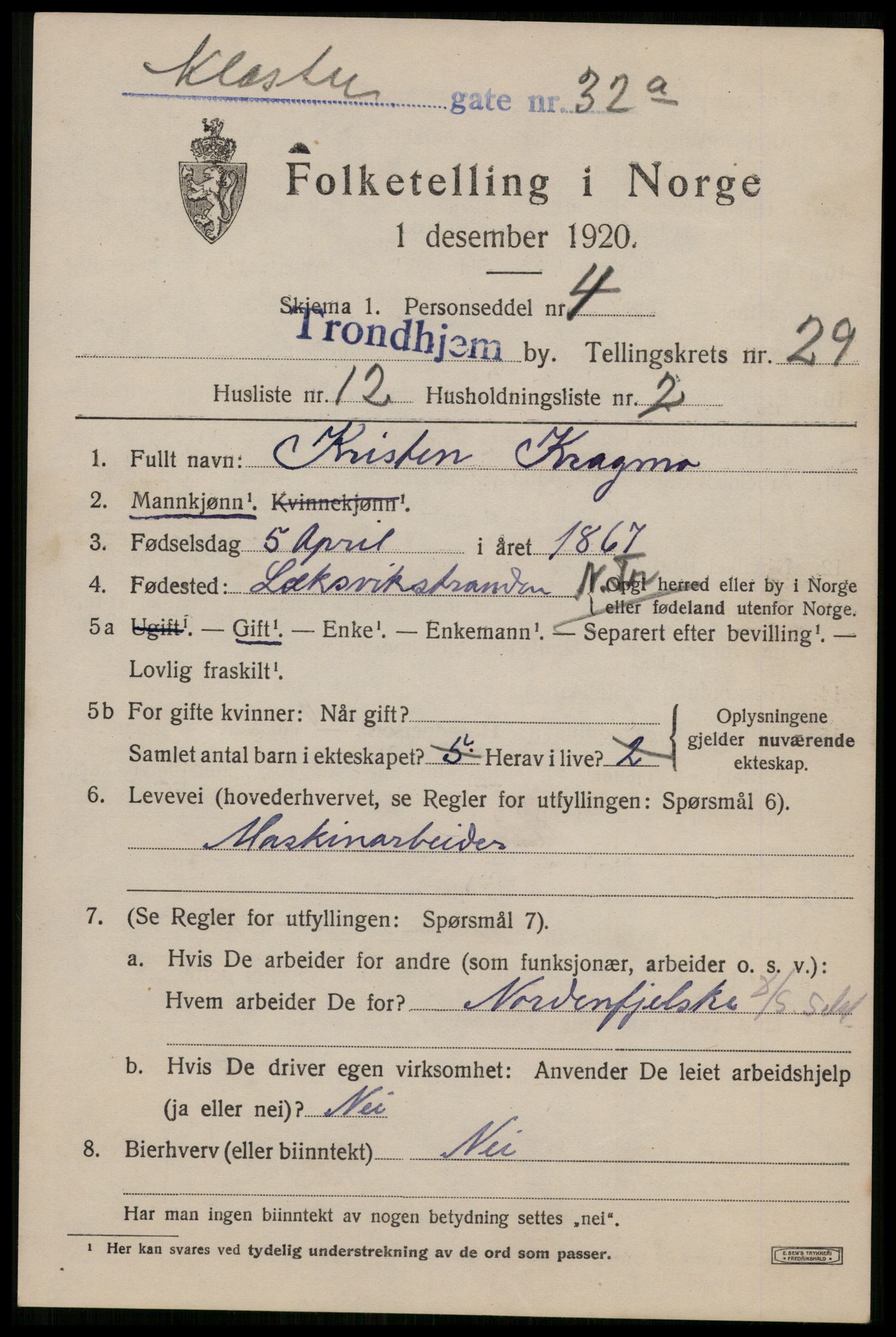 SAT, 1920 census for Trondheim, 1920, p. 71172