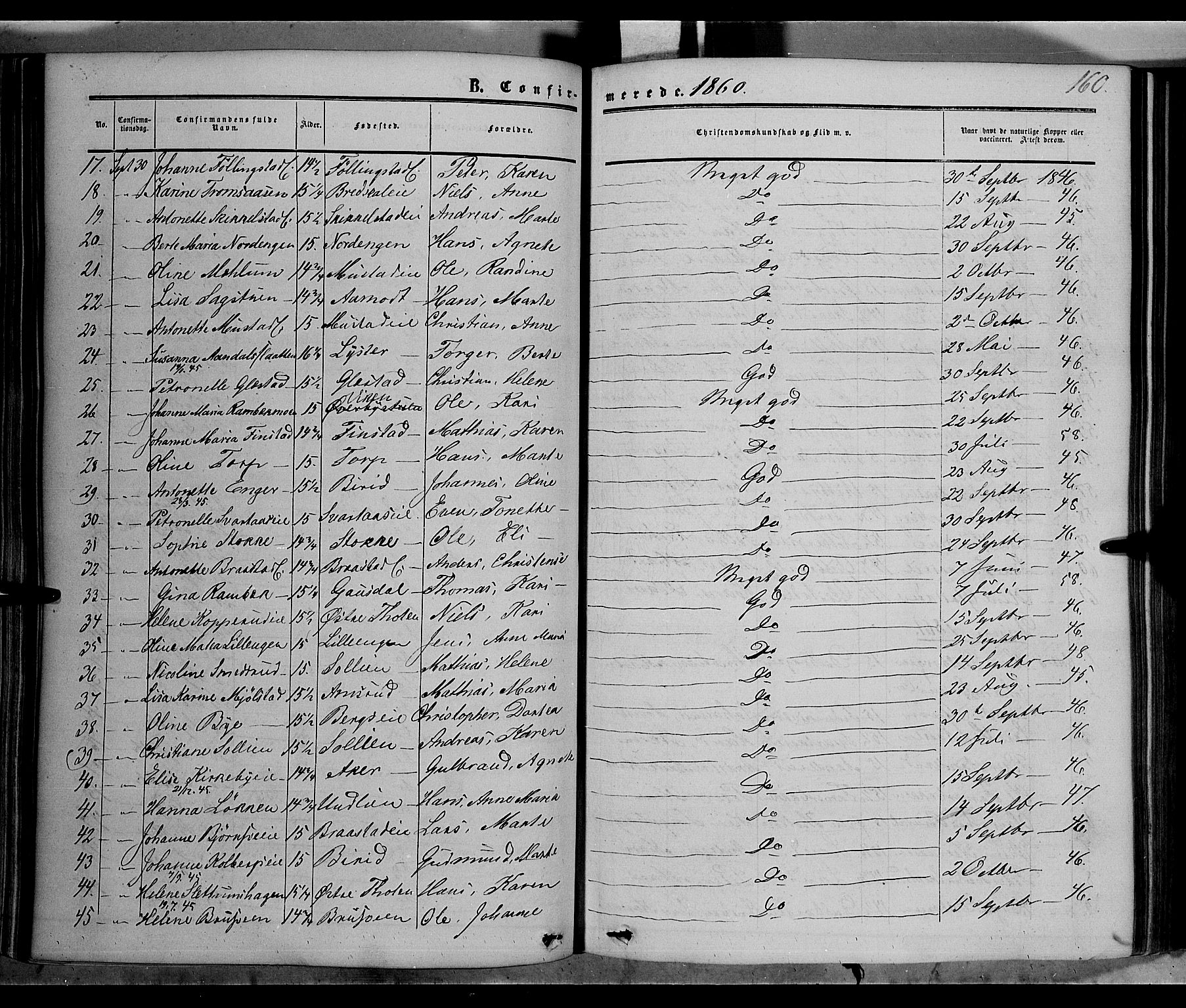 Vardal prestekontor, SAH/PREST-100/H/Ha/Haa/L0006: Parish register (official) no. 6, 1854-1866, p. 160