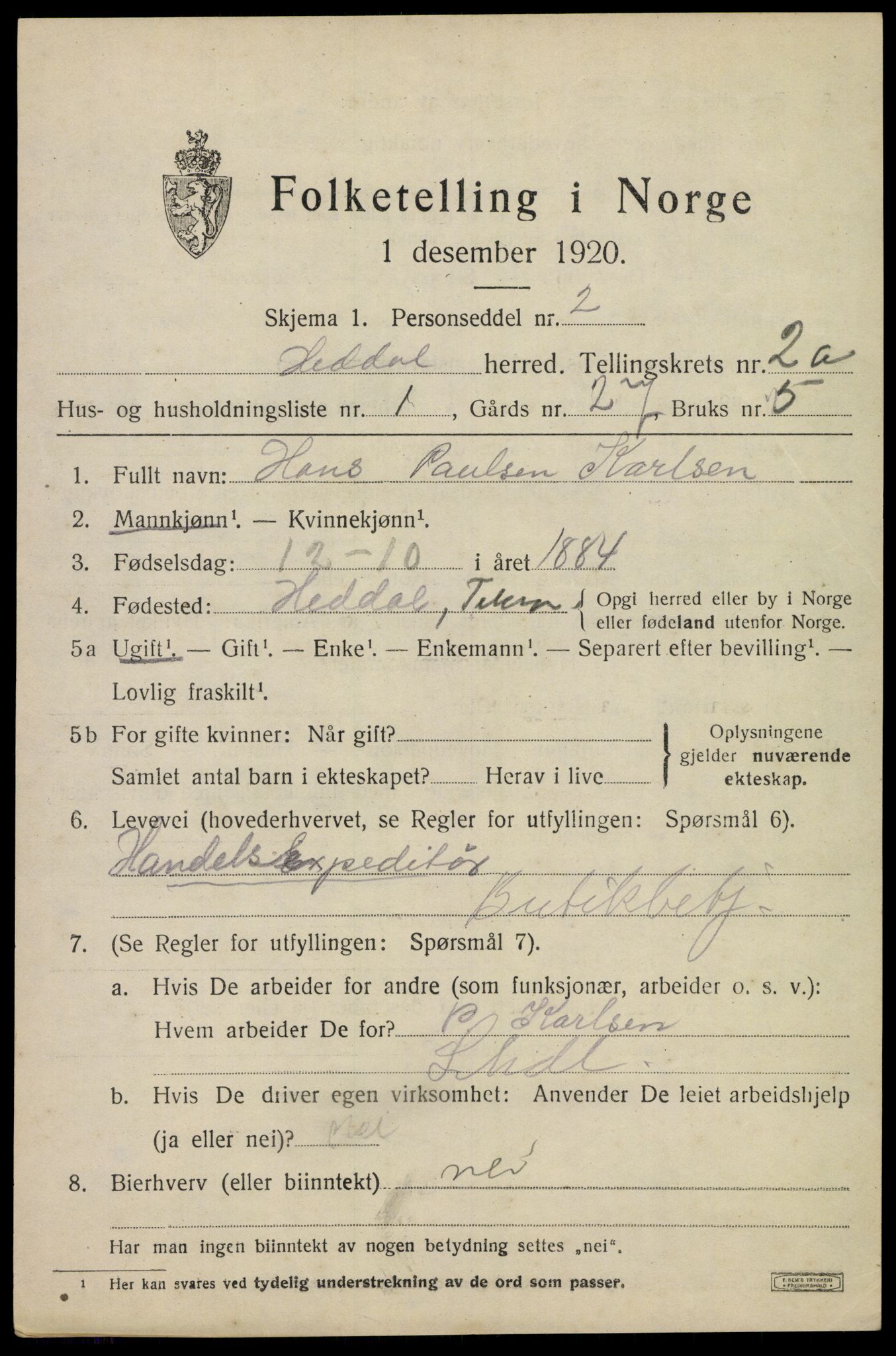 SAKO, 1920 census for Heddal, 1920, p. 1952