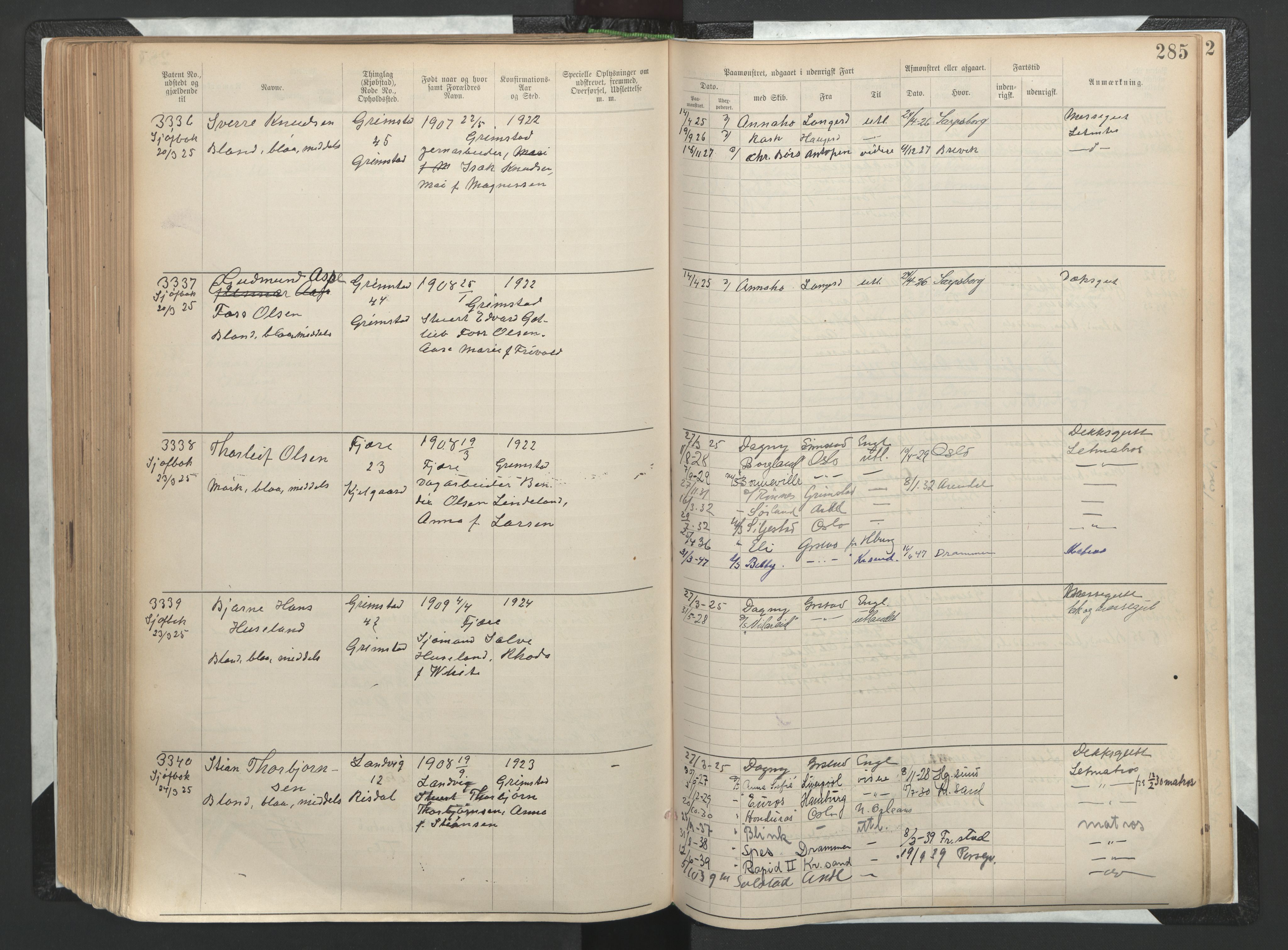 Grimstad mønstringskrets, SAK/2031-0013/F/Fa/L0002: Annotasjonsrulle nr 1921-3452 med register, F-2, 1892-1948, p. 319