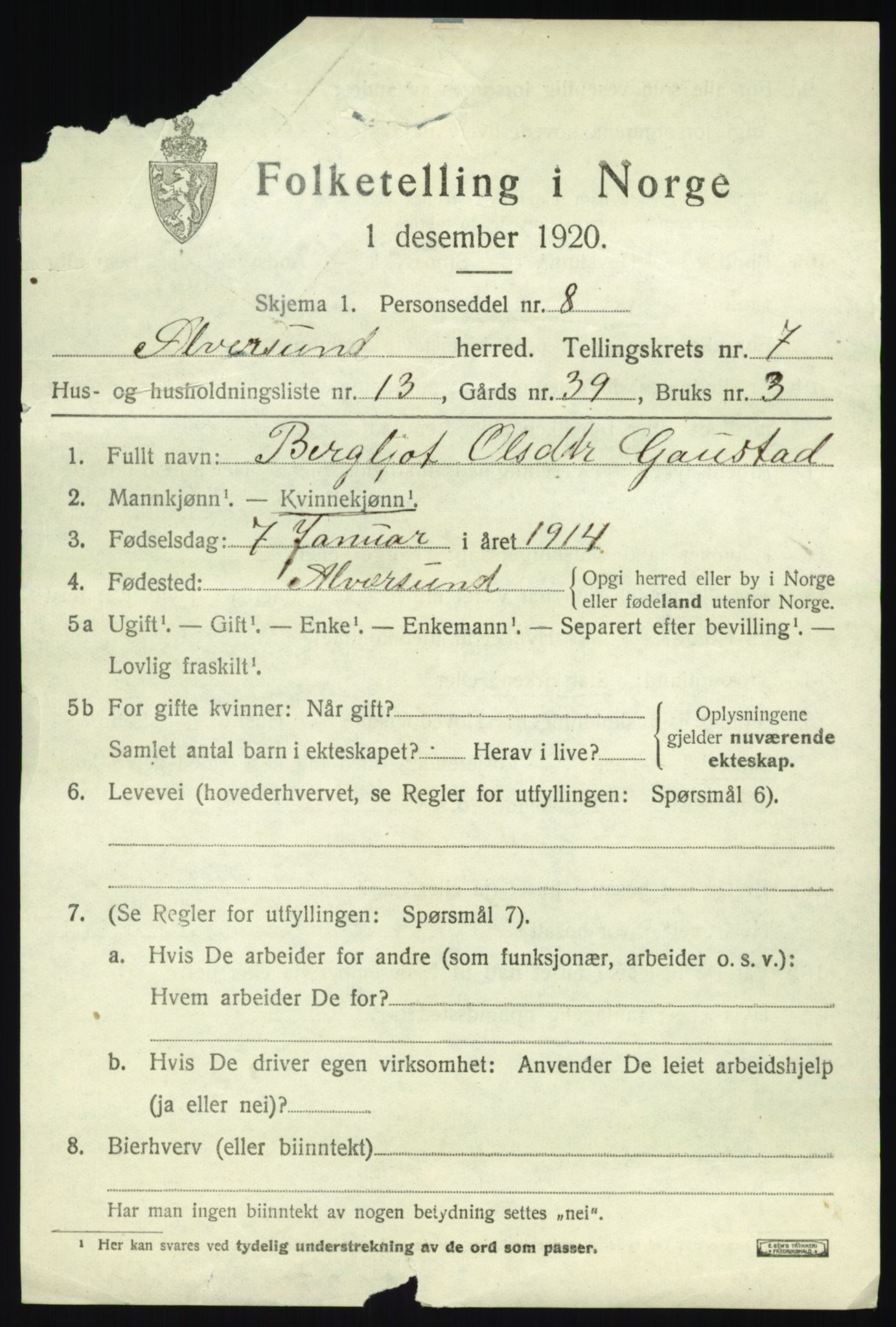 SAB, 1920 census for Alversund, 1920, p. 4834