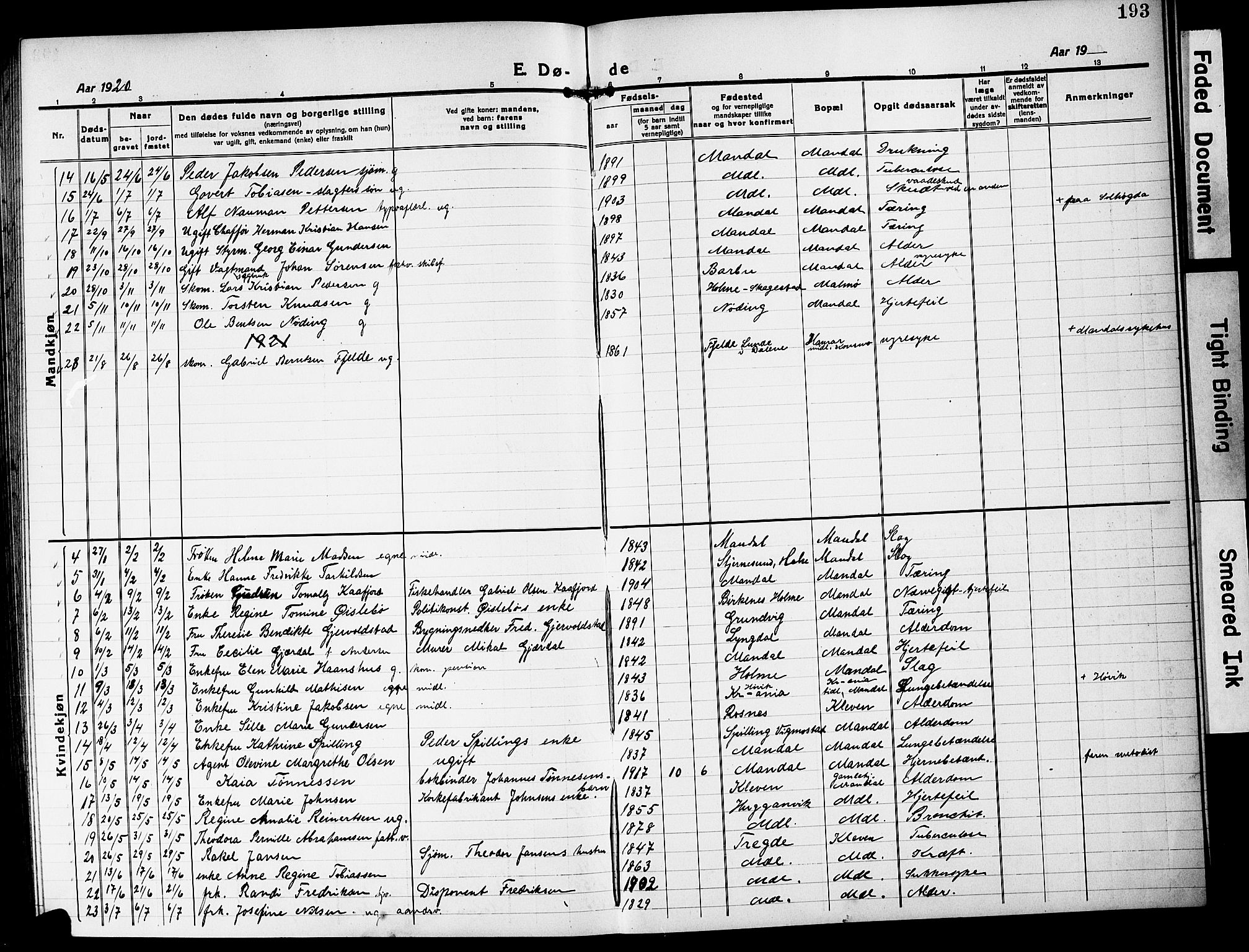 Mandal sokneprestkontor, AV/SAK-1111-0030/F/Fb/Fbc/L0001: Parish register (copy) no. B 1, 1918-1931, p. 193