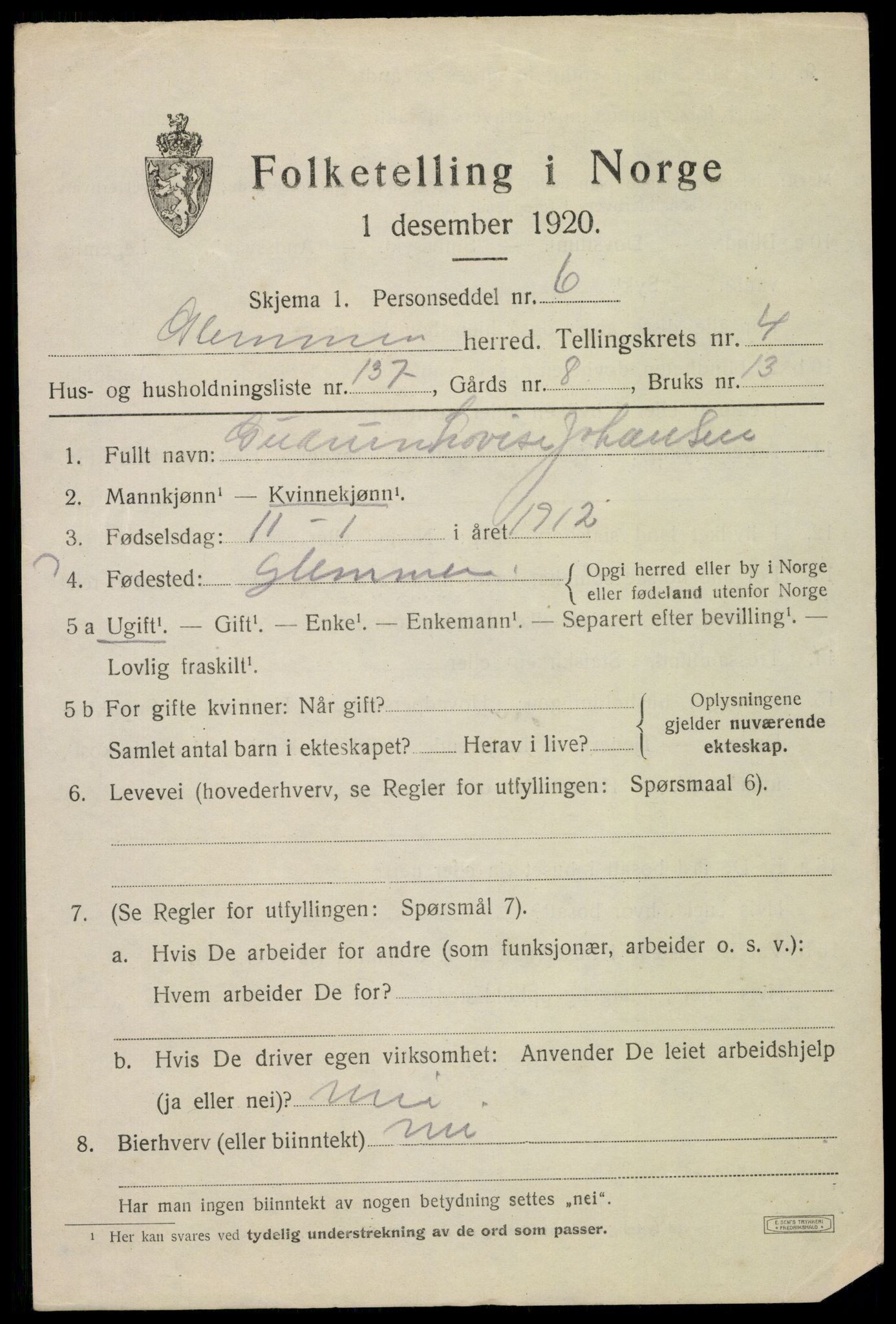 SAO, 1920 census for Glemmen, 1920, p. 12913