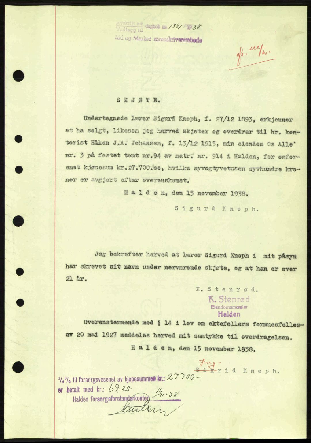 Idd og Marker sorenskriveri, AV/SAO-A-10283/G/Gb/Gbb/L0003: Mortgage book no. A3, 1938-1939, Diary no: : 1381/1938