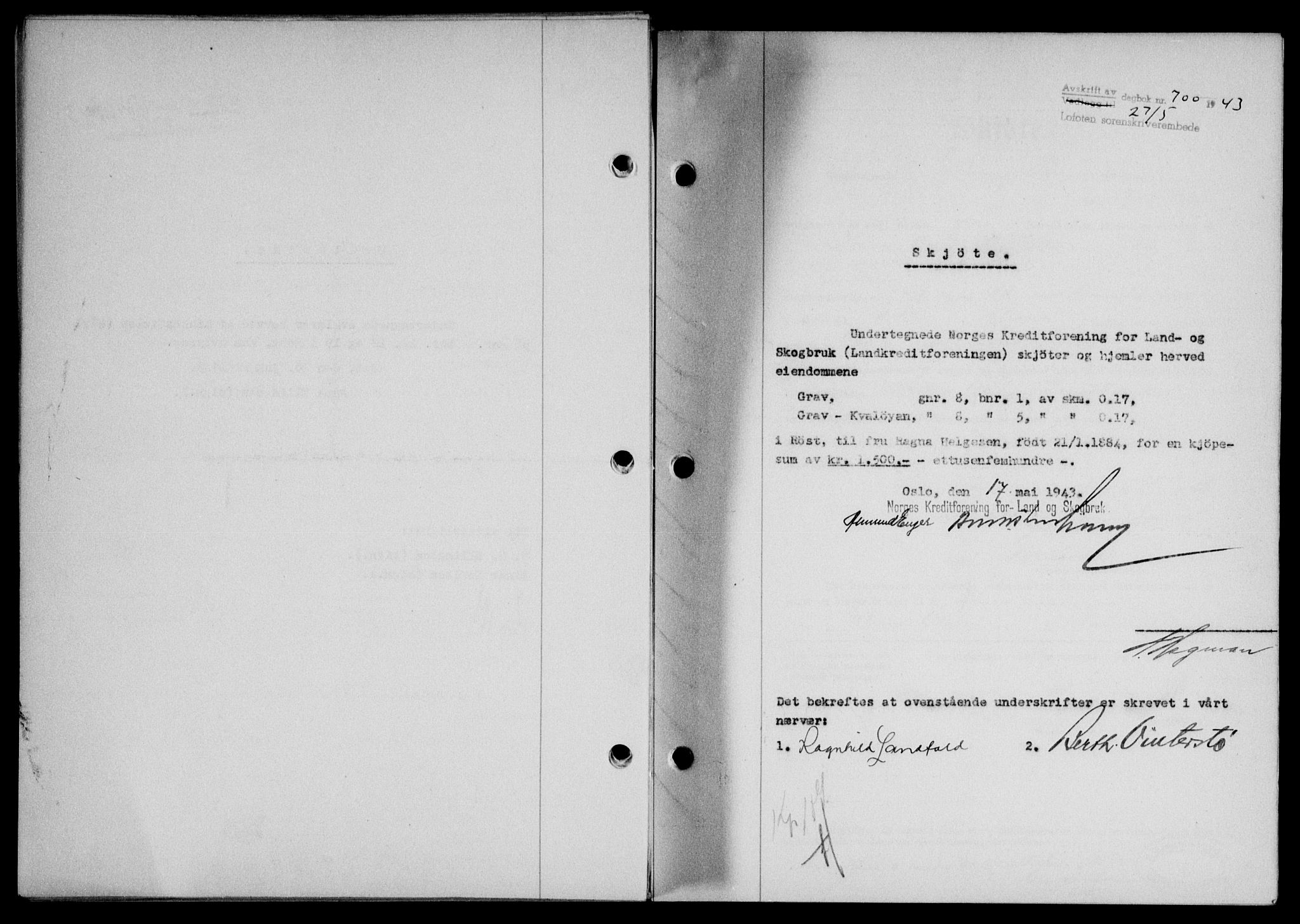 Lofoten sorenskriveri, SAT/A-0017/1/2/2C/L0011a: Mortgage book no. 11a, 1943-1943, Diary no: : 700/1943