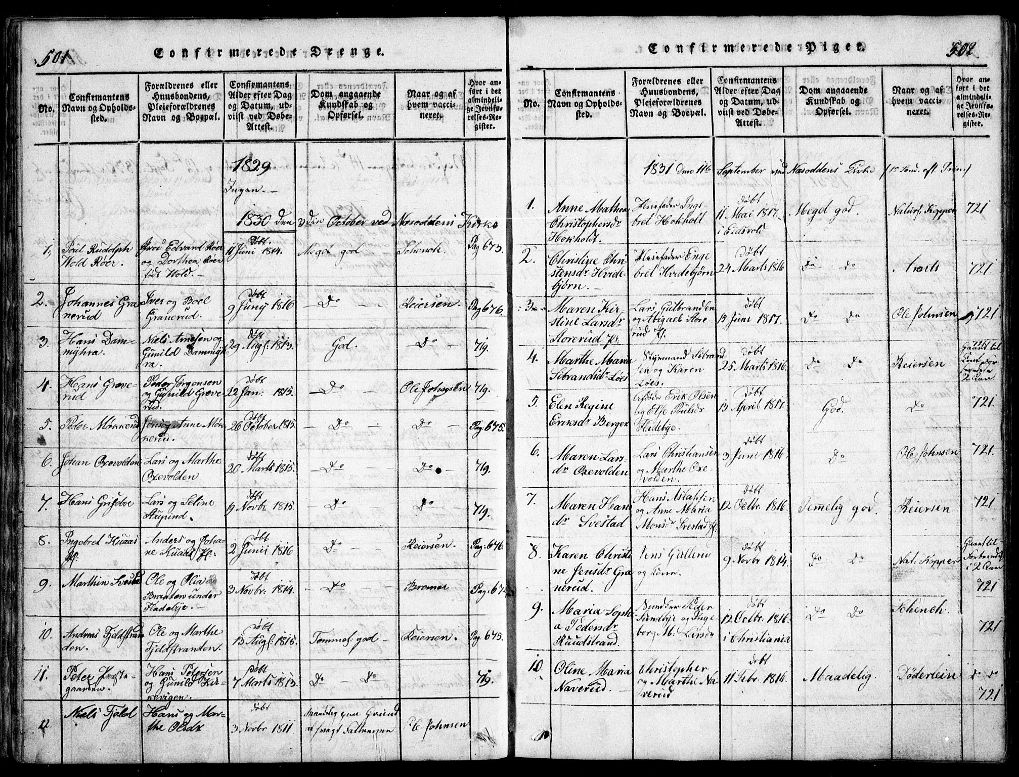 Nesodden prestekontor Kirkebøker, AV/SAO-A-10013/G/Ga/L0001: Parish register (copy) no. I 1, 1814-1847, p. 501-502