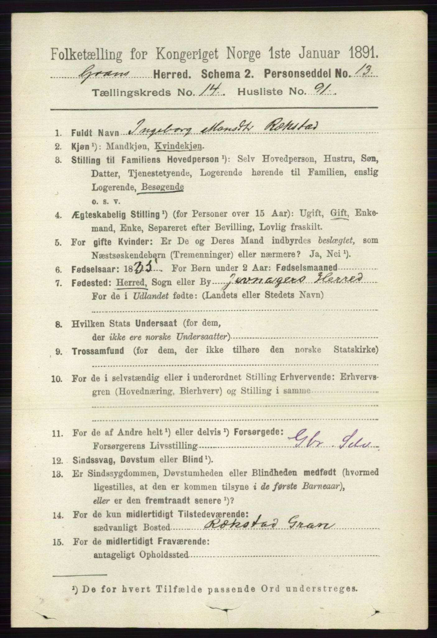 RA, 1891 census for 0534 Gran, 1891, p. 7526